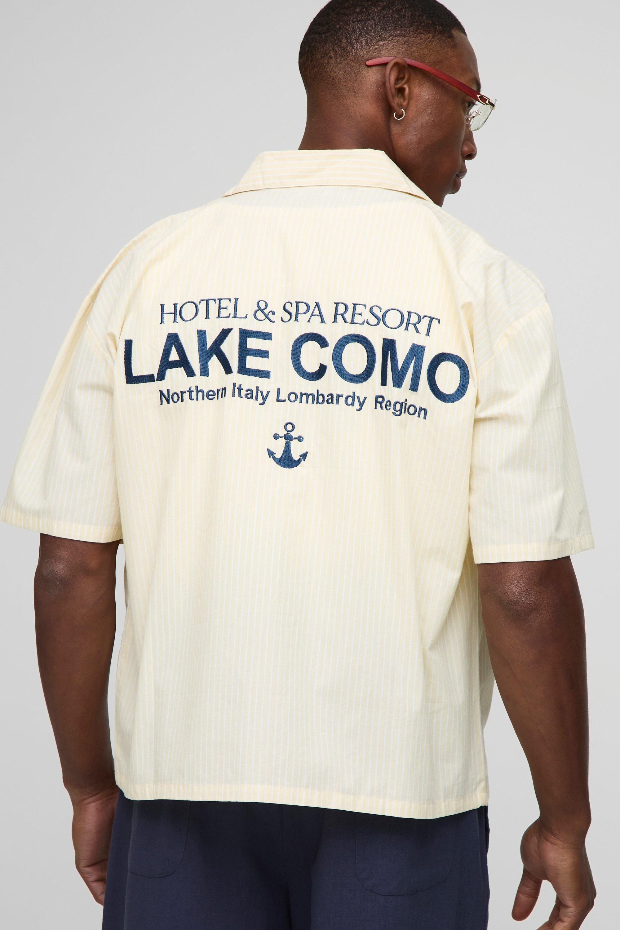 Image of Oversized Boxy Revere Lake Como Embroidered Stripe Shirt, Giallo