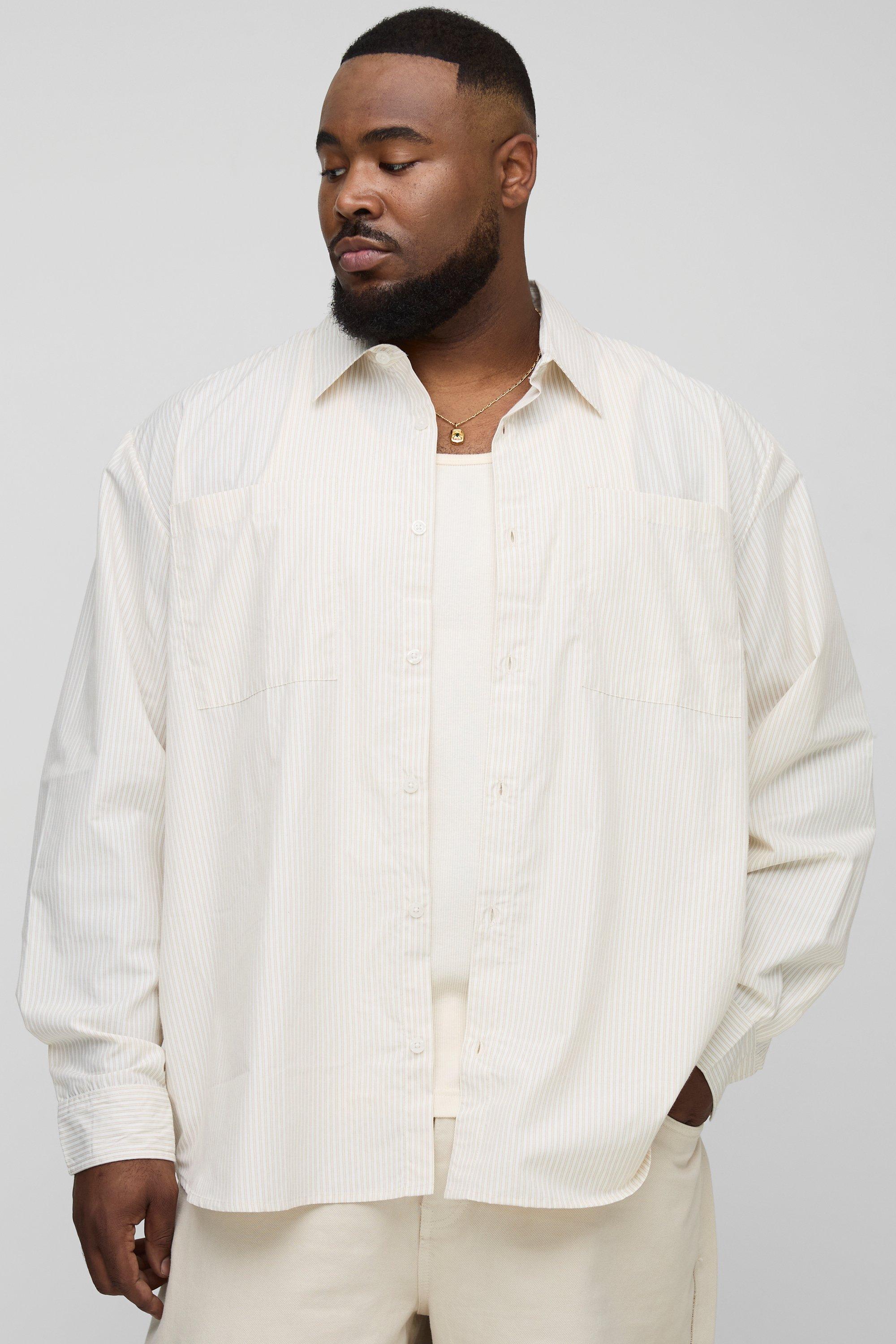 Image of Plus Embroidered Super Oversized Stripe Shirt, Beige