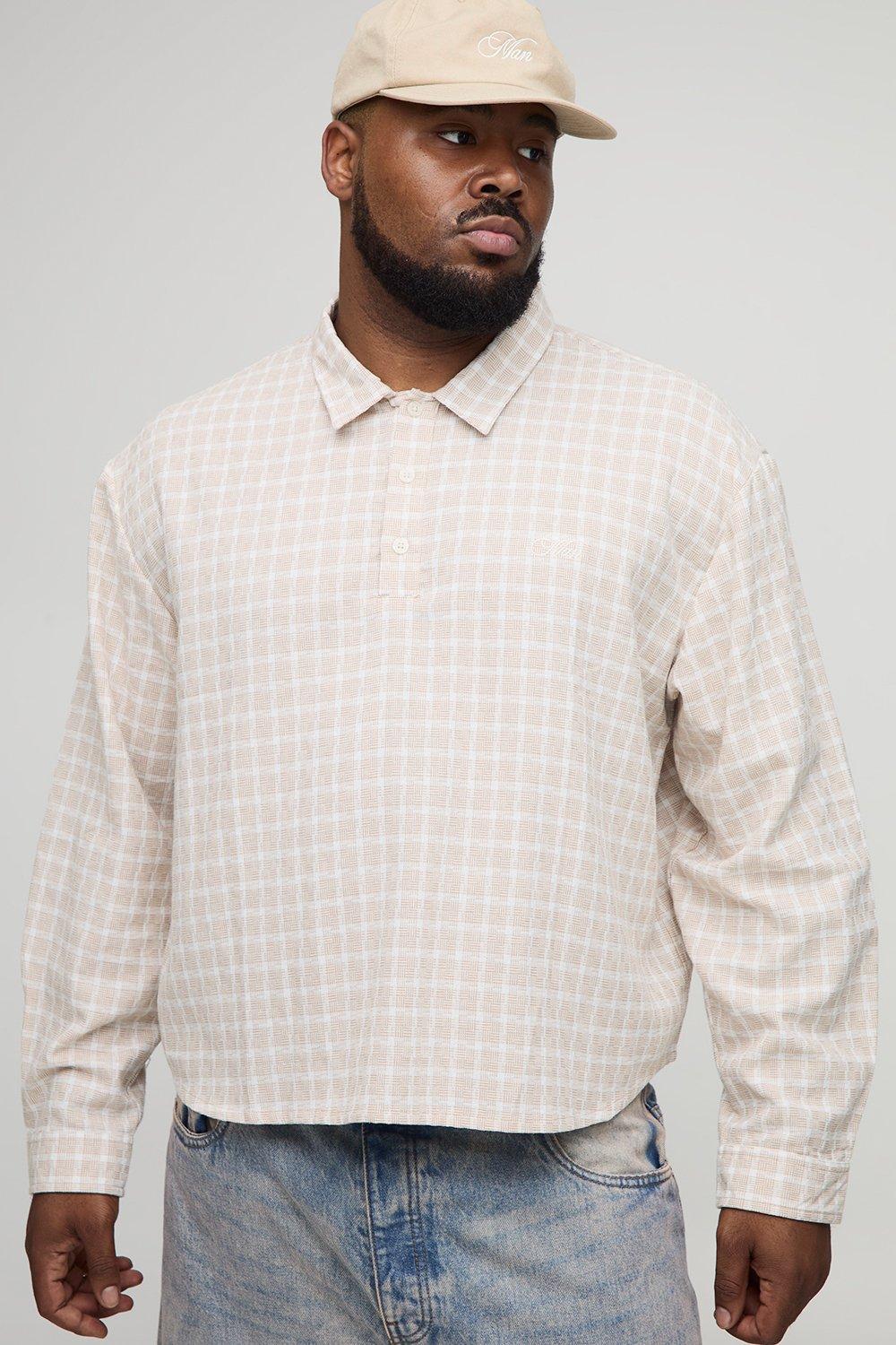 Mens Beige Plus Embroidered Boxy Oversized Boucle Check Rugby Shirt, Beige