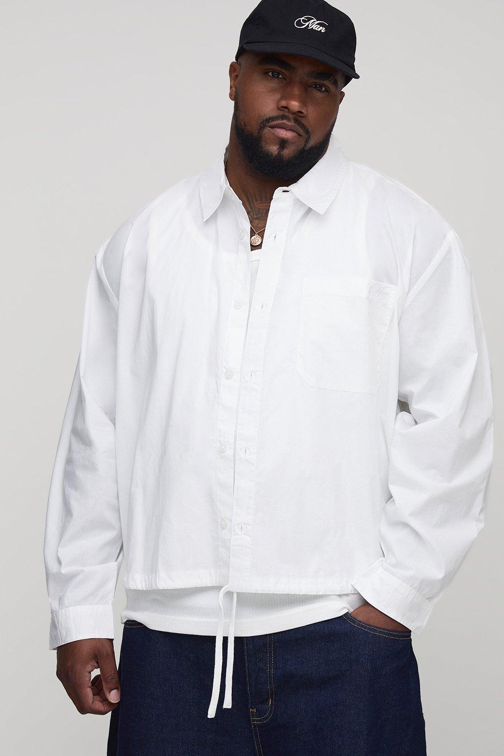 Mens White Plus B Embroidered Boxy Oversized Bungee Hem Poplin Shirt, White