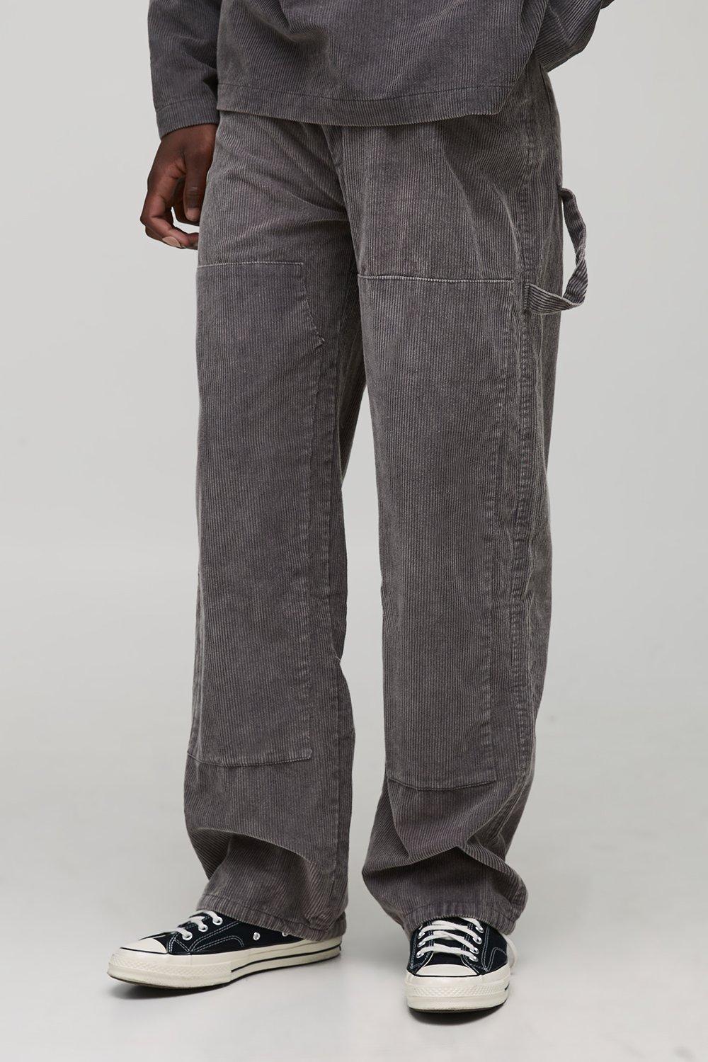 Mens Grey Tall Washed Cord Relaxed Fit Carpenter Trousers, Grey