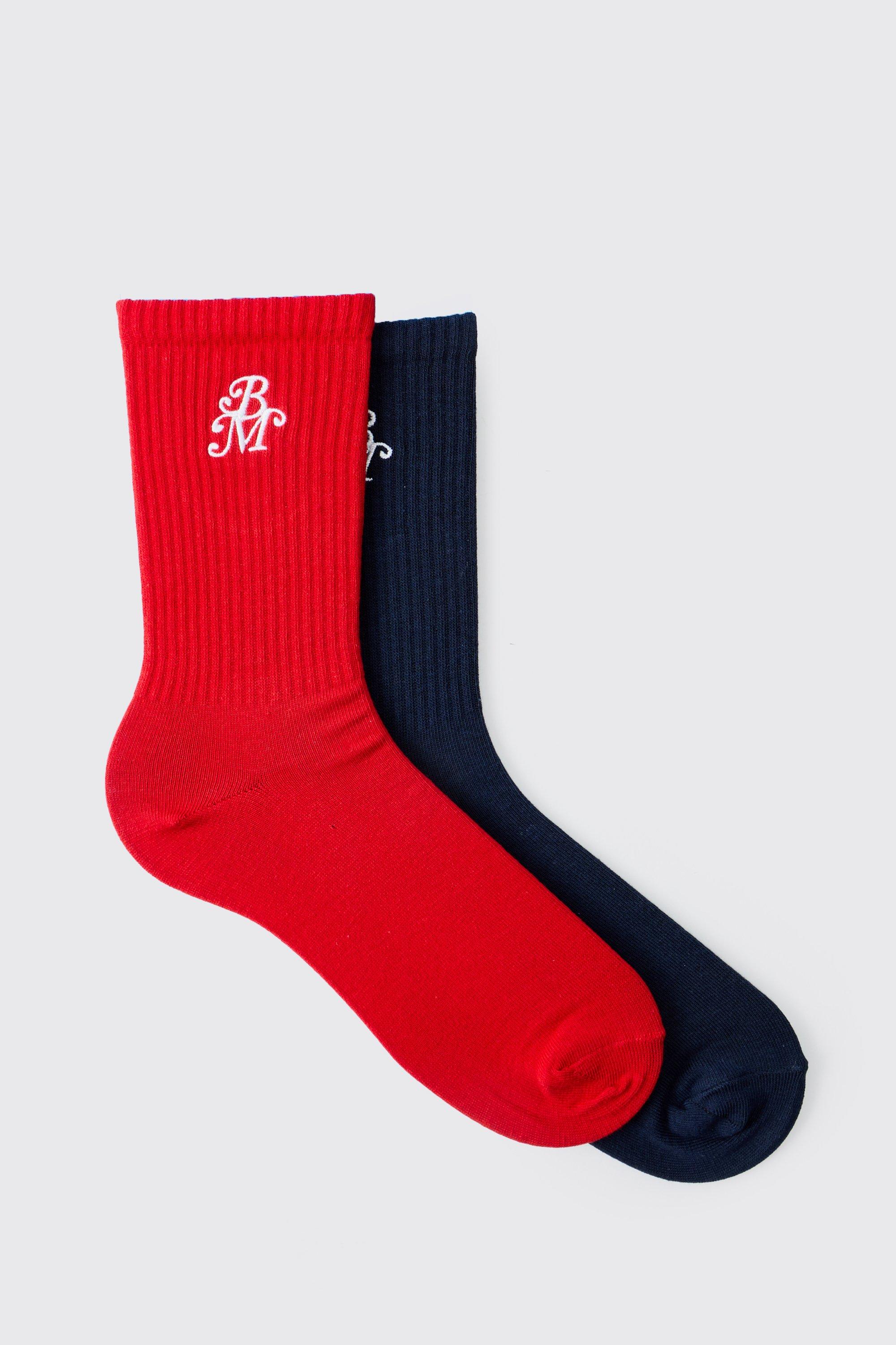 Mens Multi 2 Pack BM Embroidered Crew Socks, Multi
