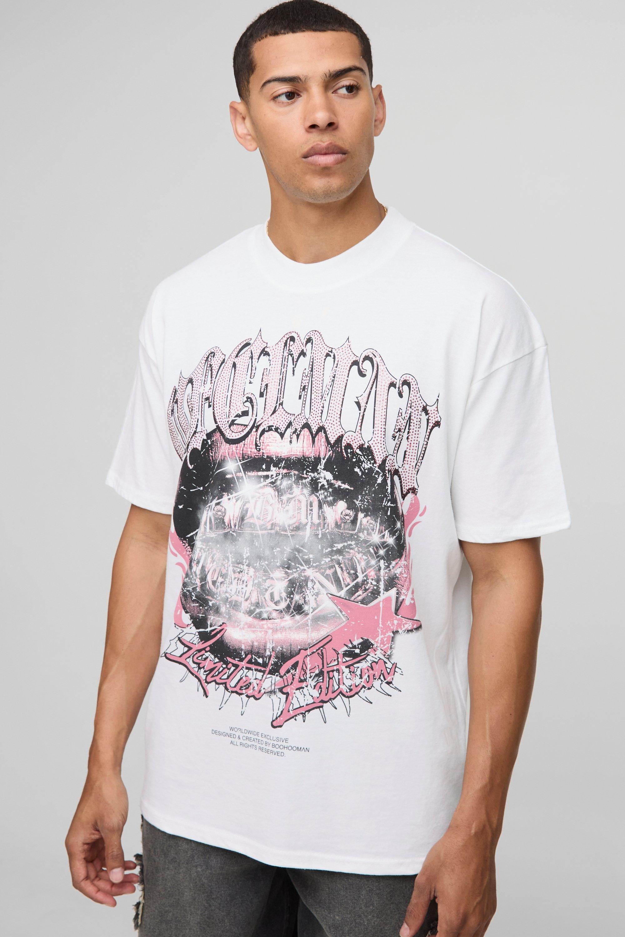 Image of T-shirt oversize Ofcl Man bianca con girocollo esteso e strass, Bianco