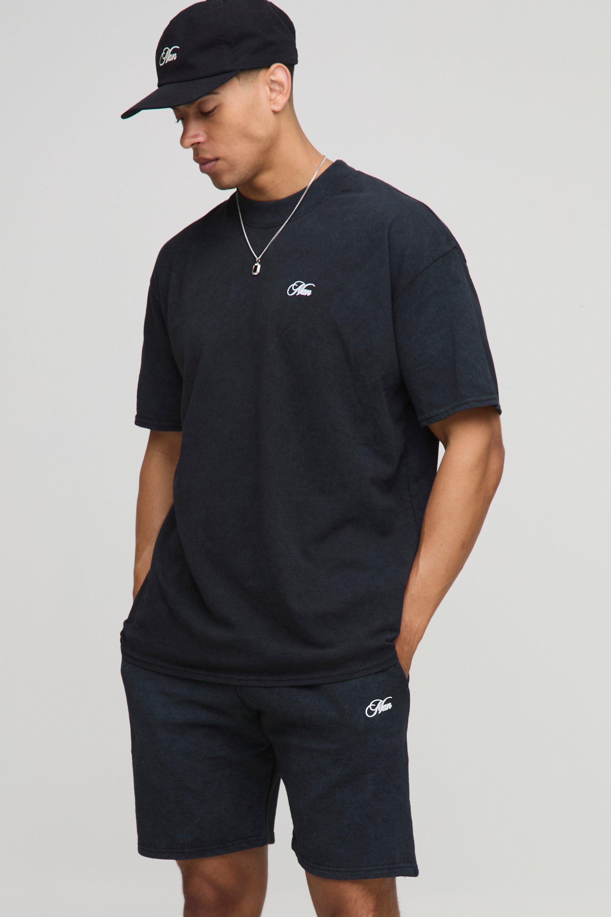 Mens Grey Oversized Man Script Washed T-Shirt And Short Set, Grey
