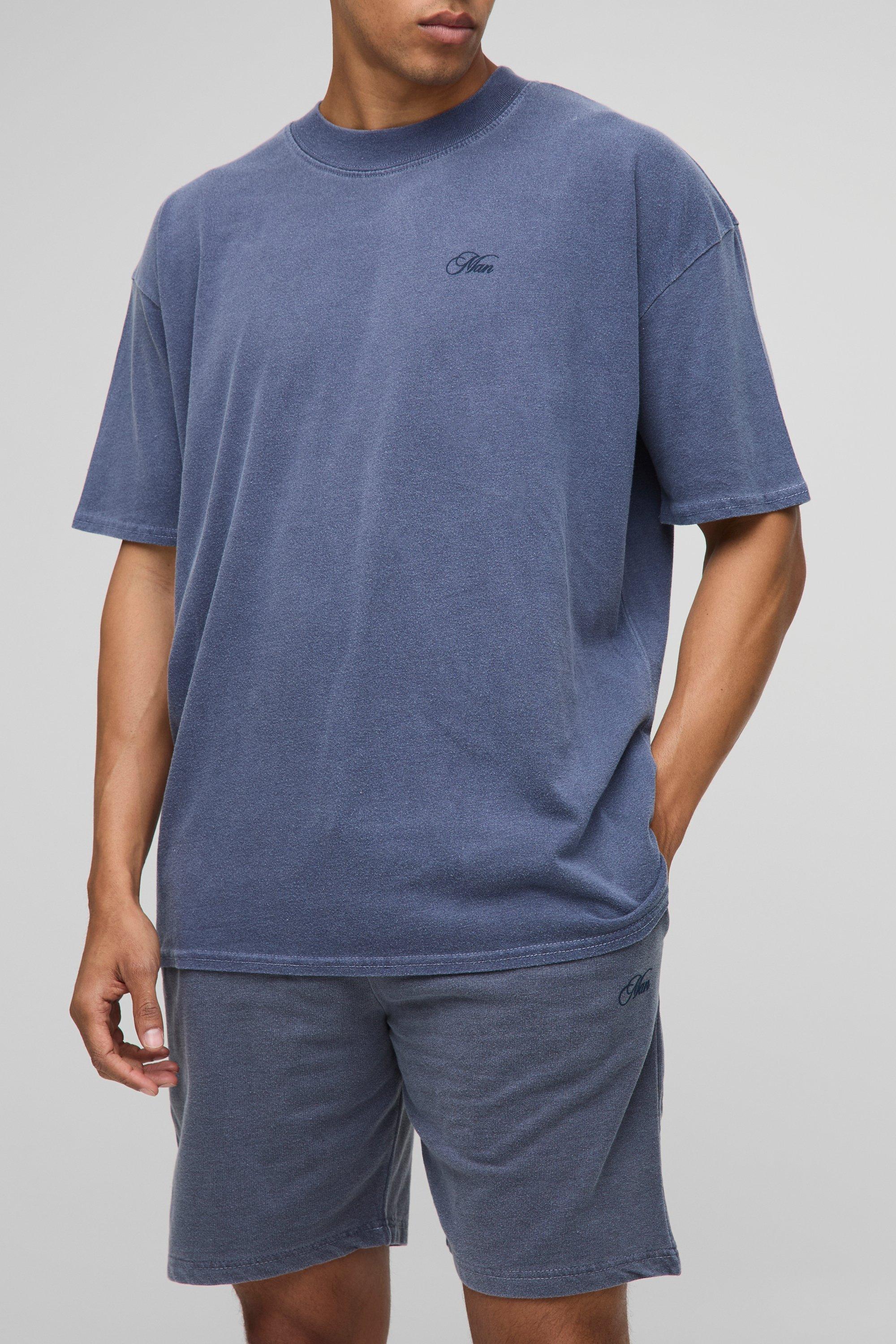 Mens Navy Oversized Man Script Washed T-Shirt And Short Set, Navy