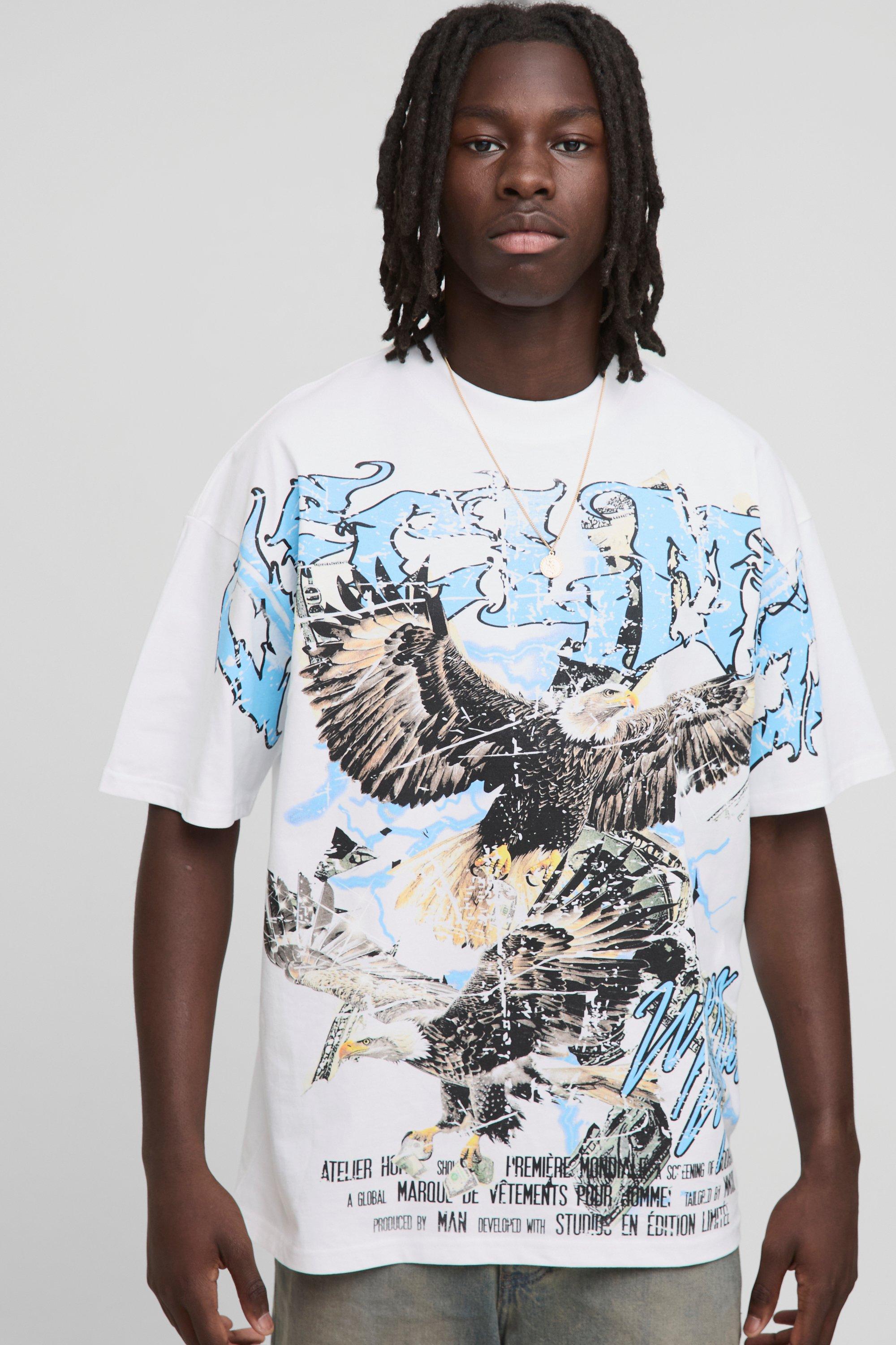 Image of T-shirt bianca oversize Ofcl Man con stampa di aquila e girocollo esteso, Bianco