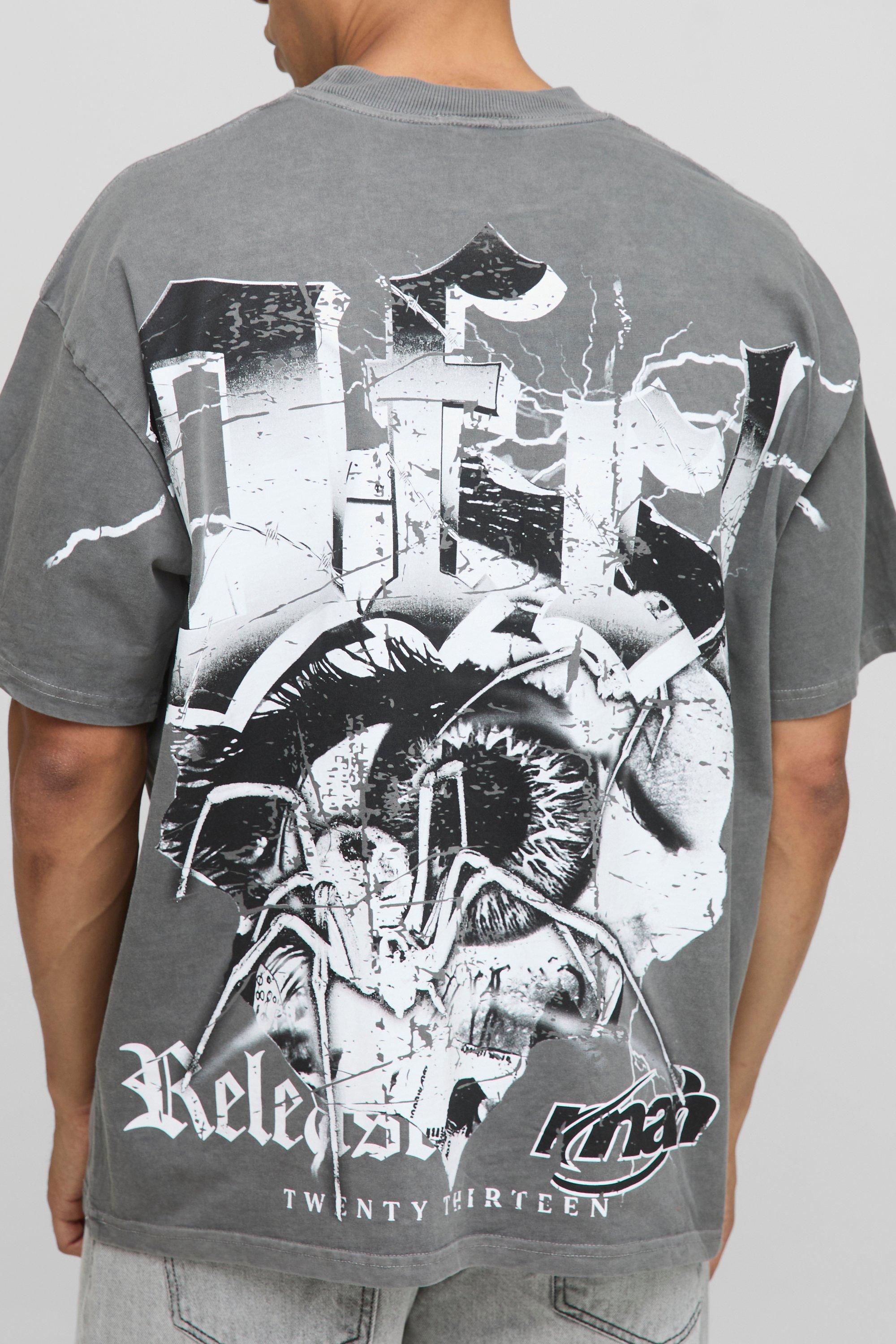 Mens Grey Charcoal Oversized Ofcl Over the Seam Washed Graphic T-Shirt, Grey