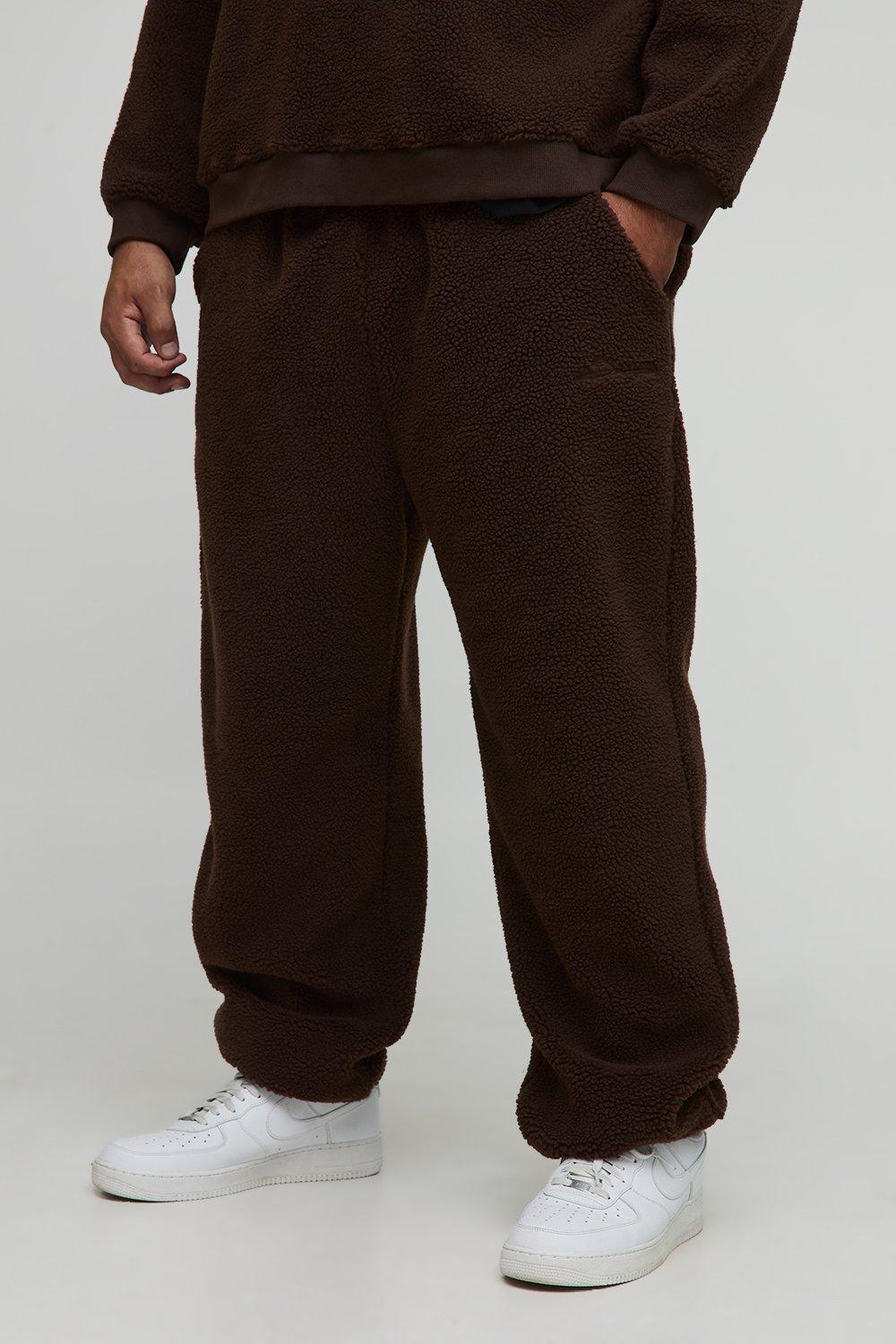 Mens Brown Plus Borg BHM Embroidered Oversized Joggers, Brown