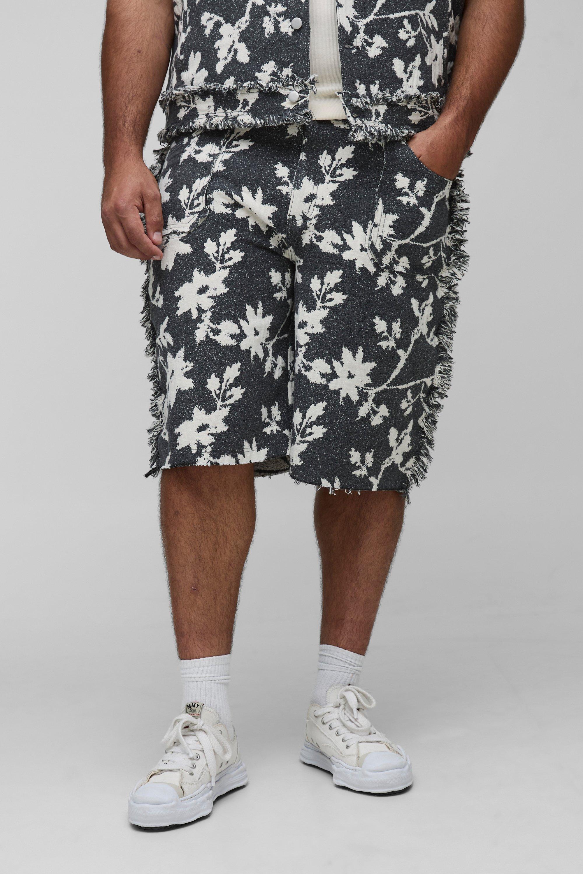 Mens Grey Plus Floral Tapestry Relaxed Fit Shorts, Grey