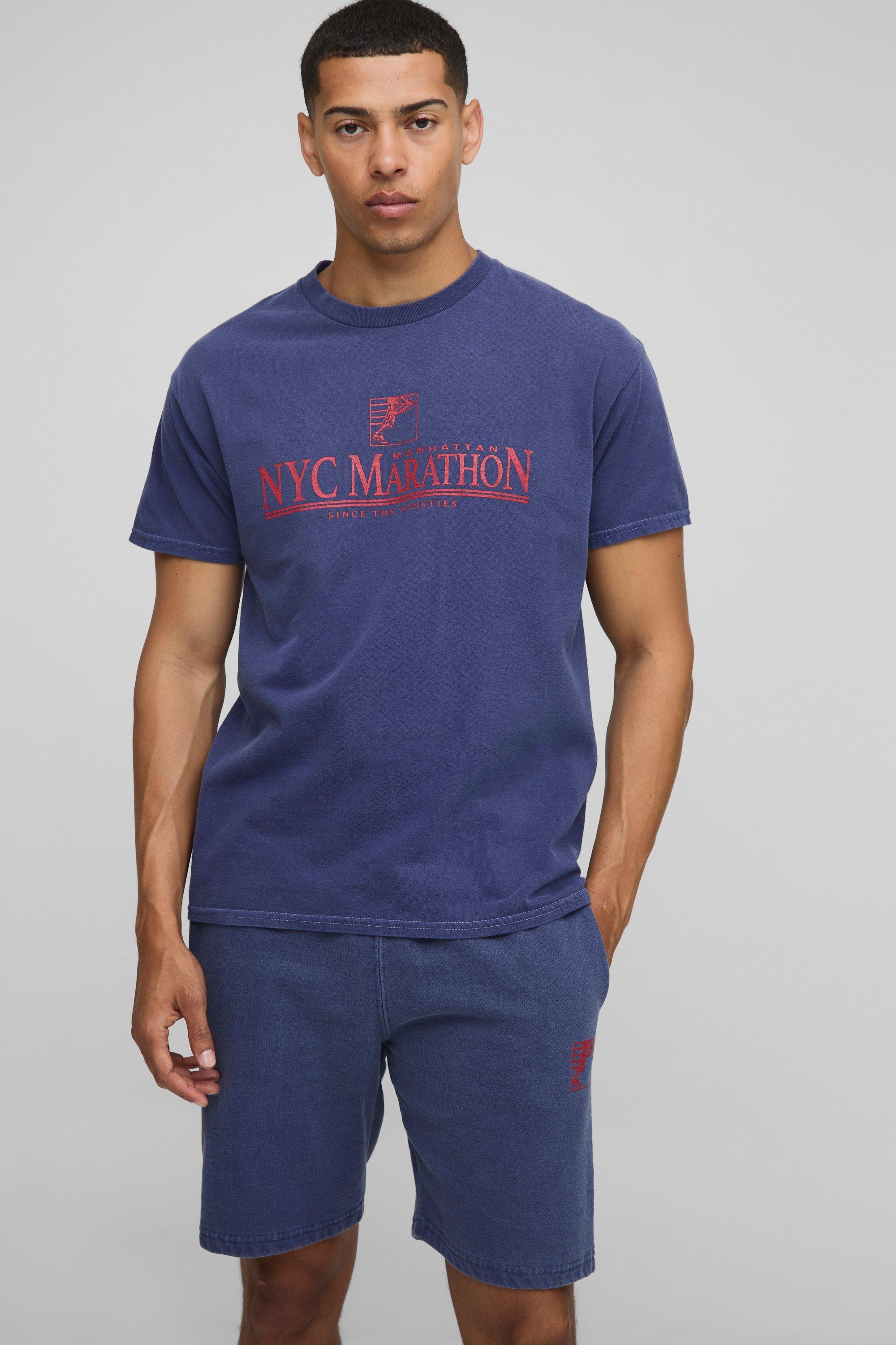 Image of Set T-shirt oversize slavata Marathon & pantaloncini, Navy