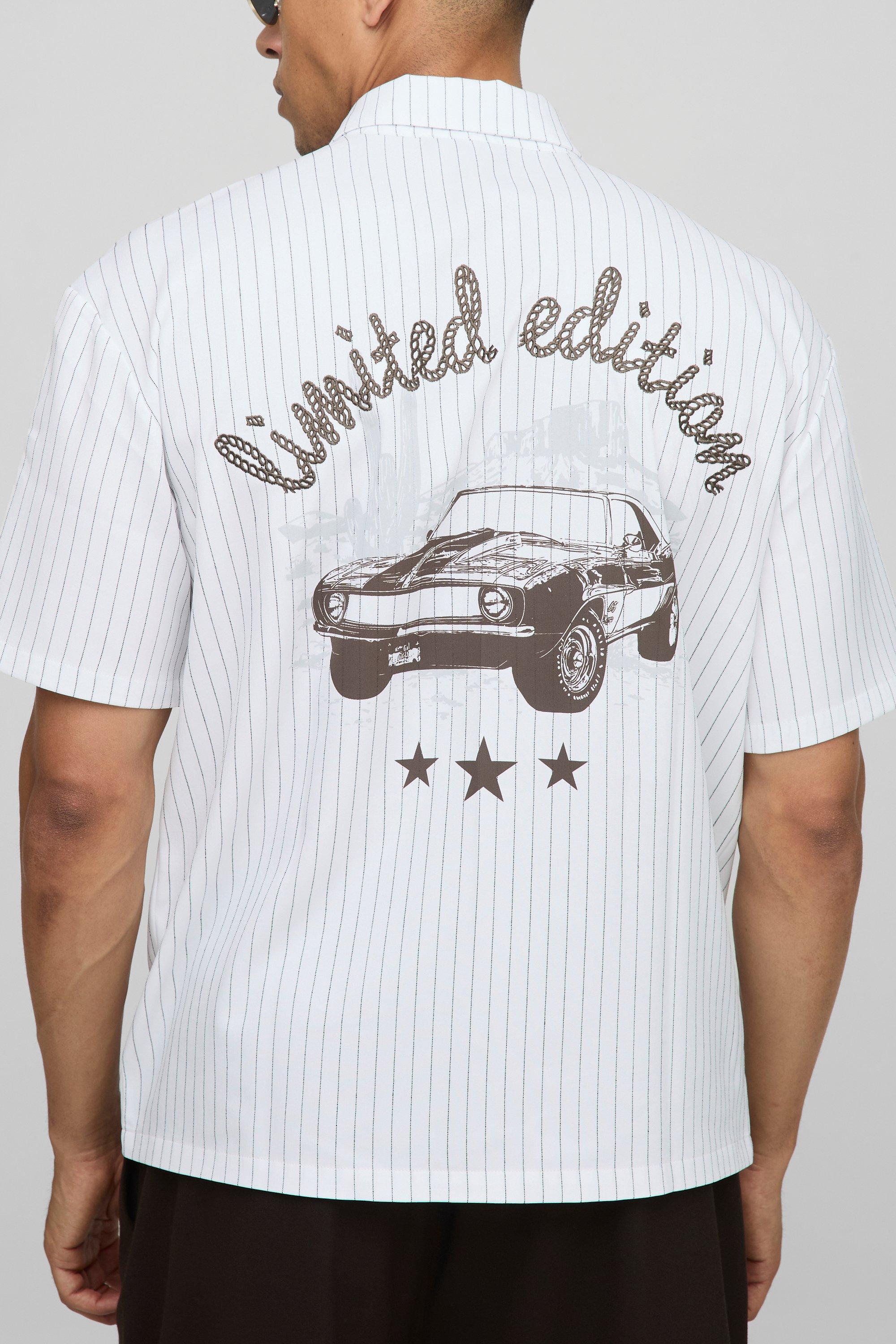 Mens White Oversized Man Stripe Western Print Shirt, White