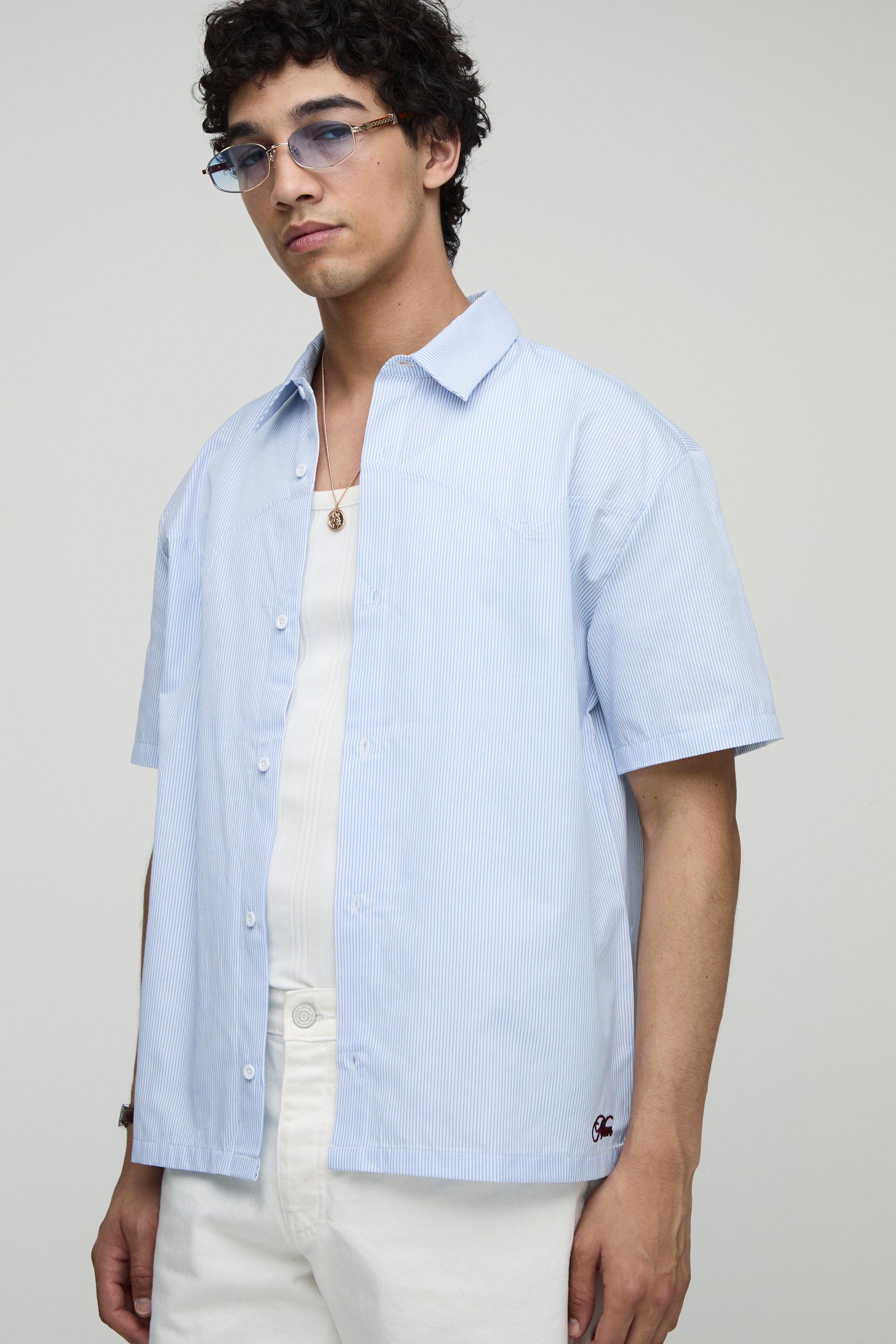 Mens Blue Oversized Man Embroidered Stripe Western Shirt, Blue