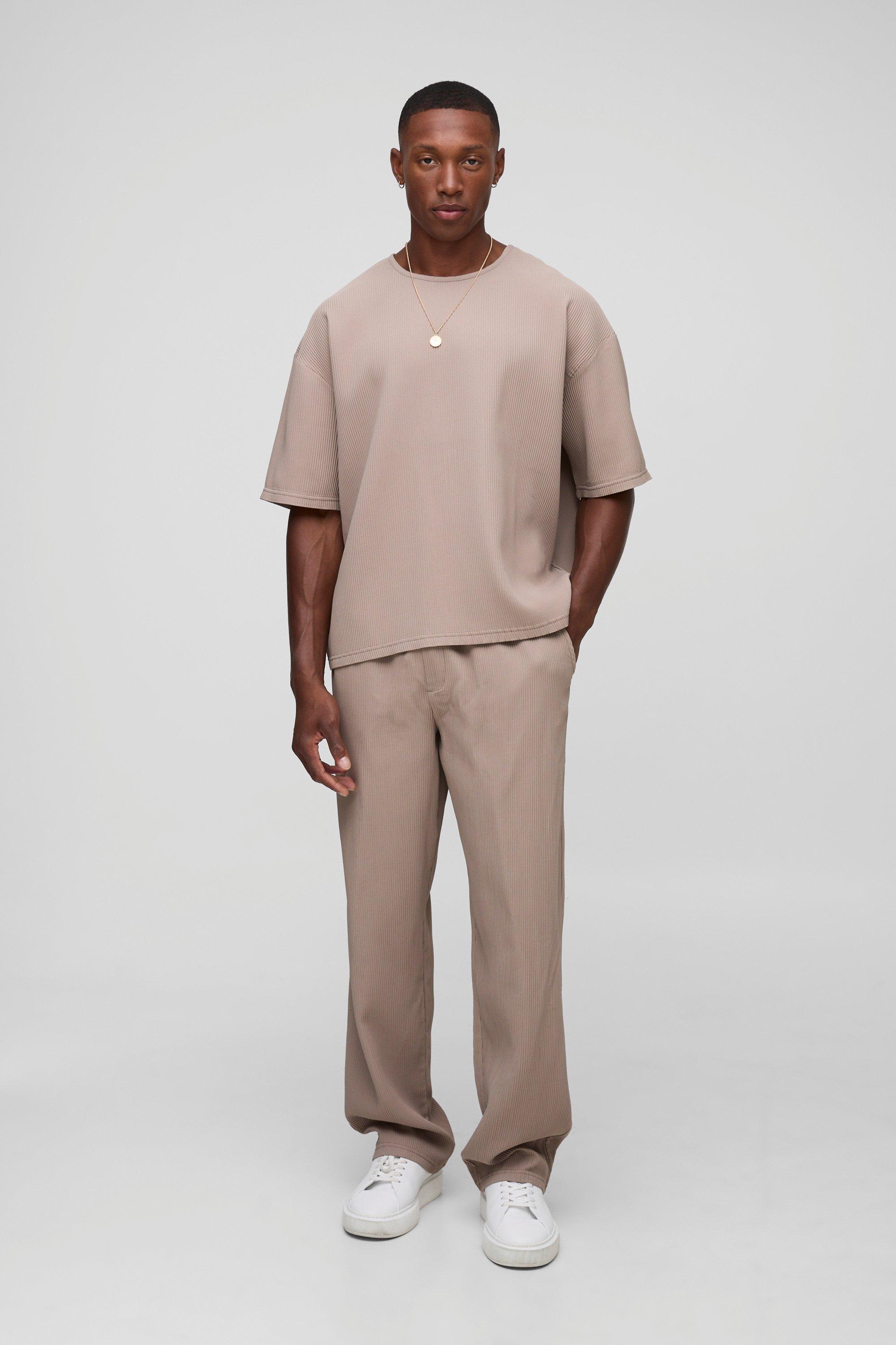 Image of Pleated Oversized Boxy T-shirt & Trouser Set, Beige