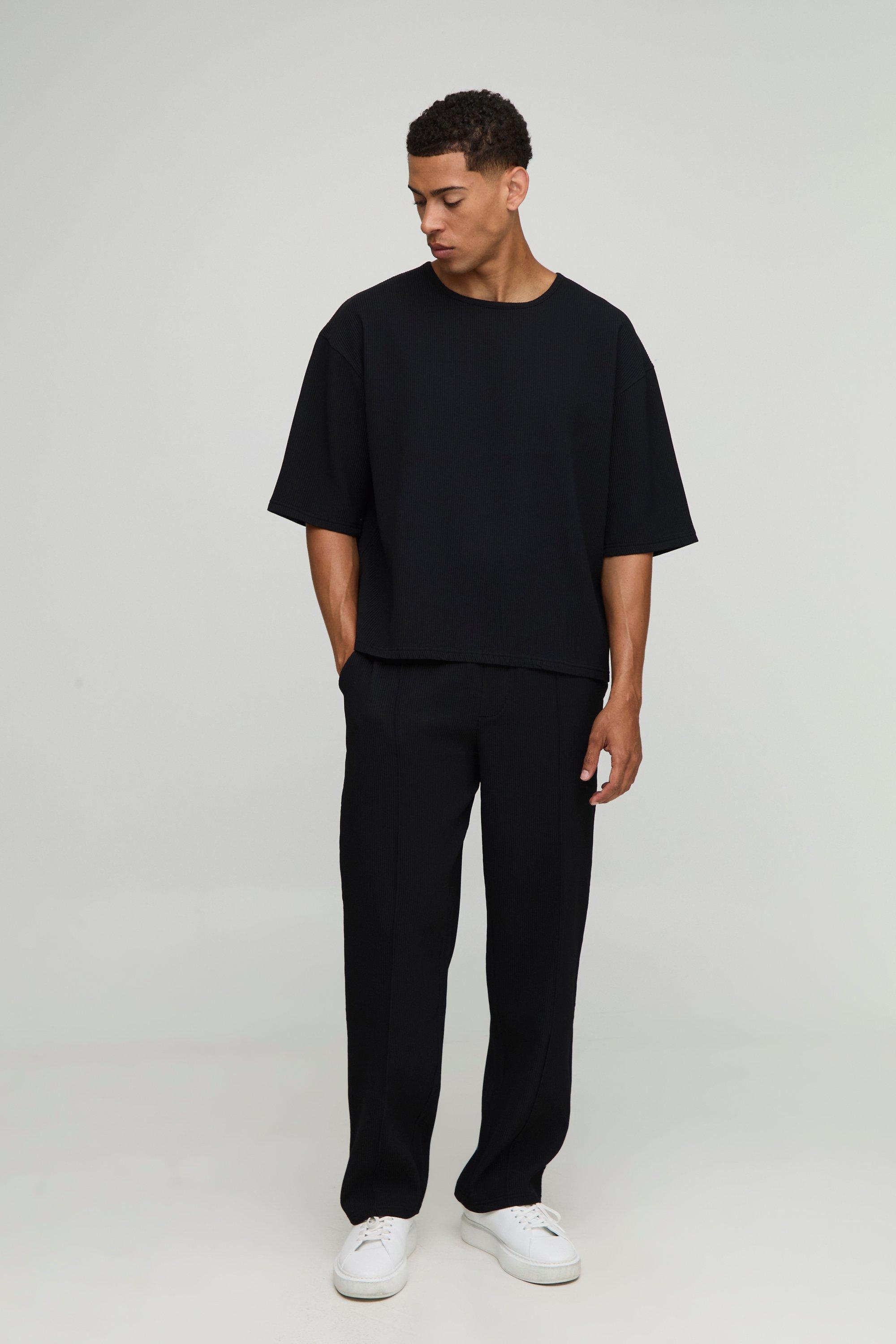 Image of Pleated Oversized Boxy T-shirt & Trouser Set, Nero