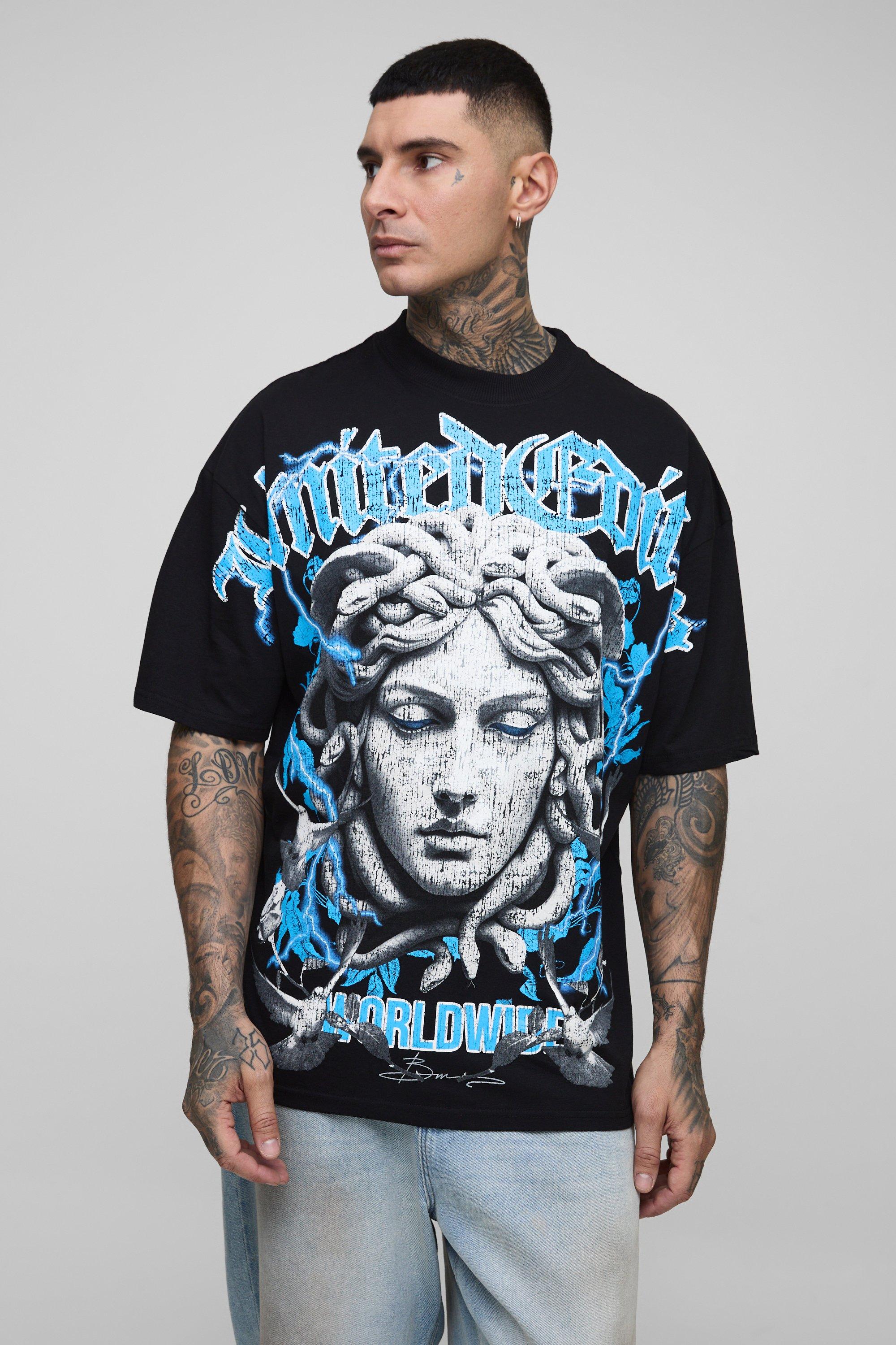 Image of T-shirt Tall oversize con stampa rinascimentale, girocollo esteso e cuciture, Nero