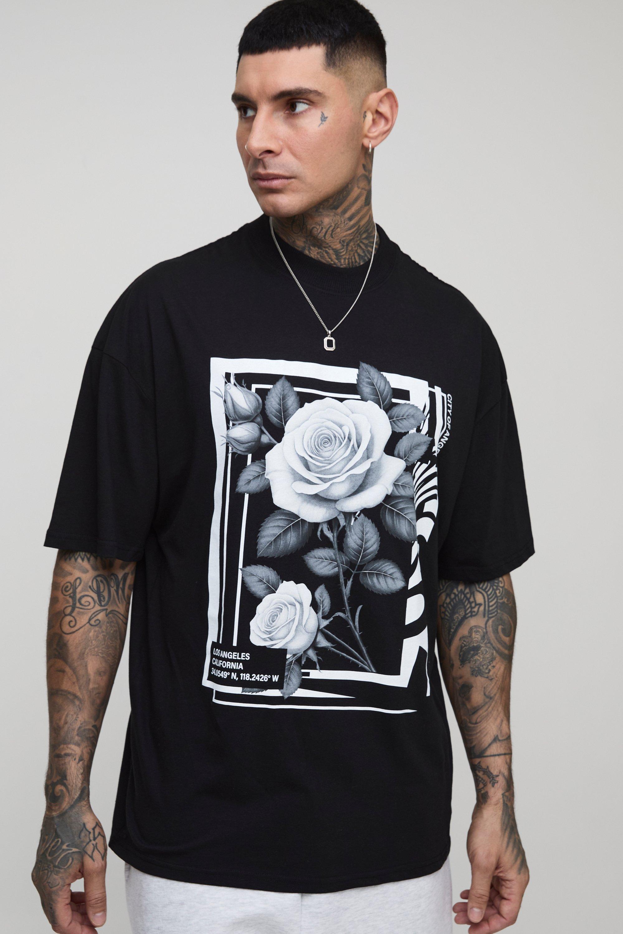 Image of T-shirt Tall oversize con stampa a fiori e girocollo esteso, Nero