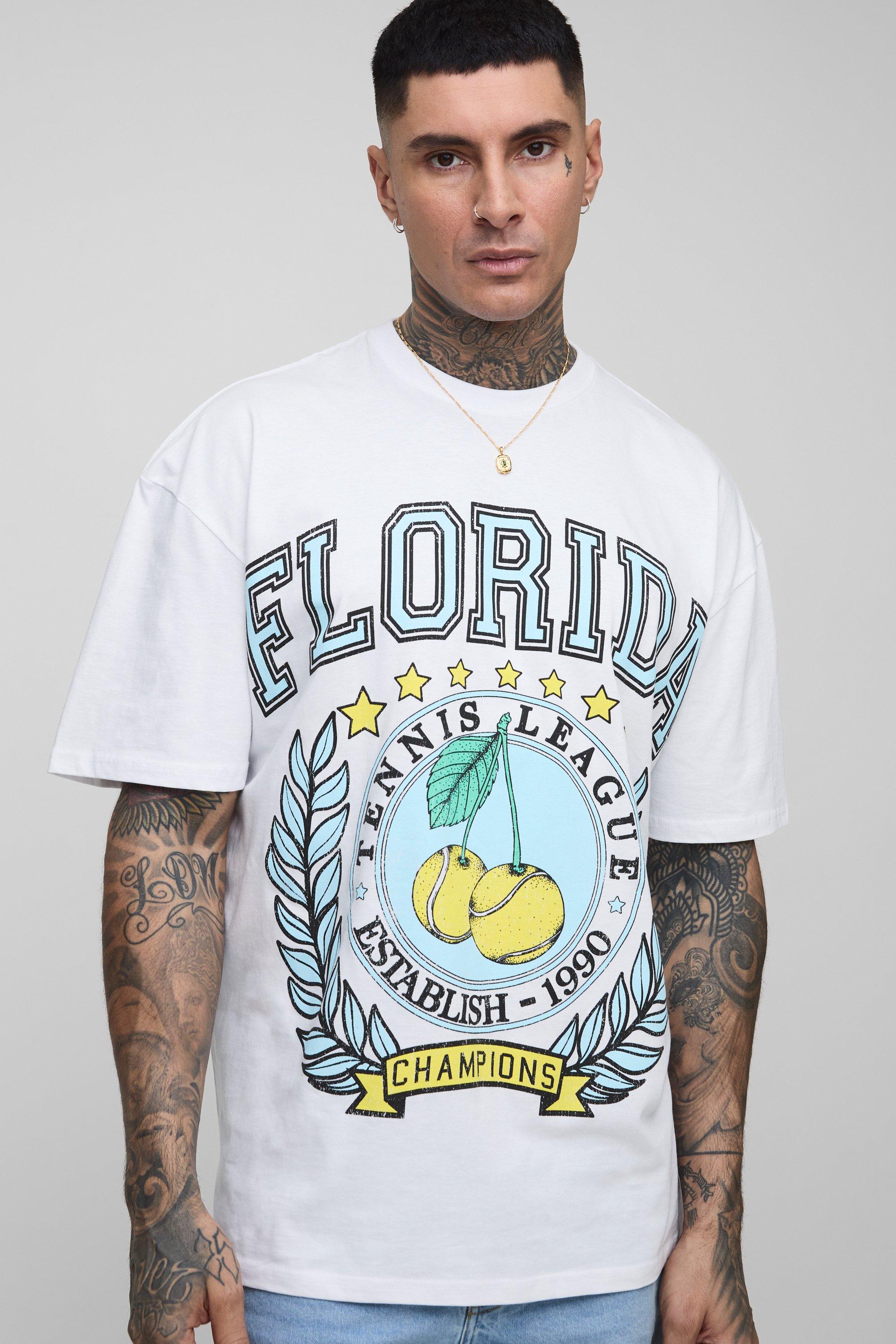 Mens White Tall Oversized Florida Print T-Shirt, White