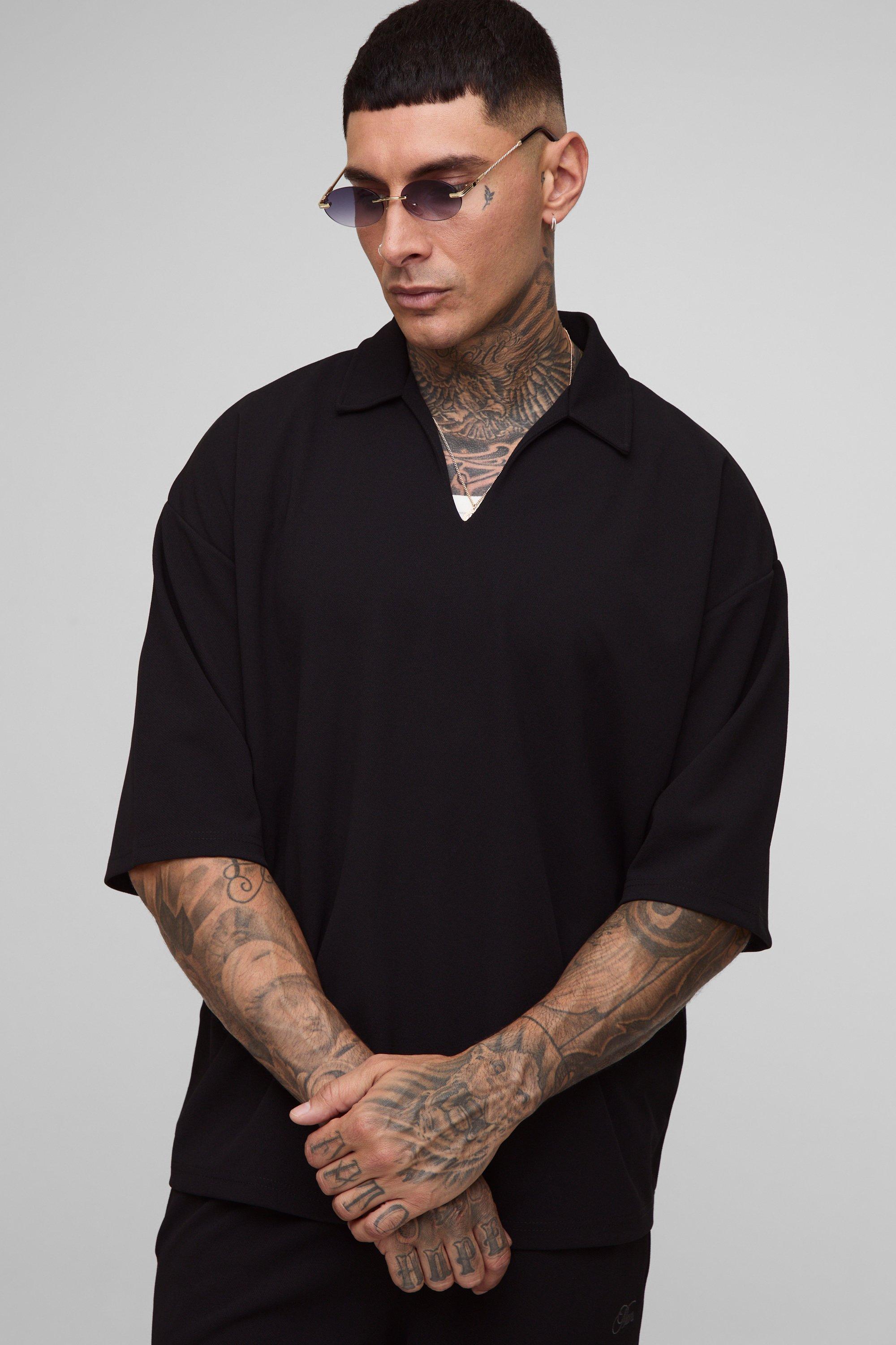 Mens Black Tall Scuba Twill Oversized V Neck Shirt, Black