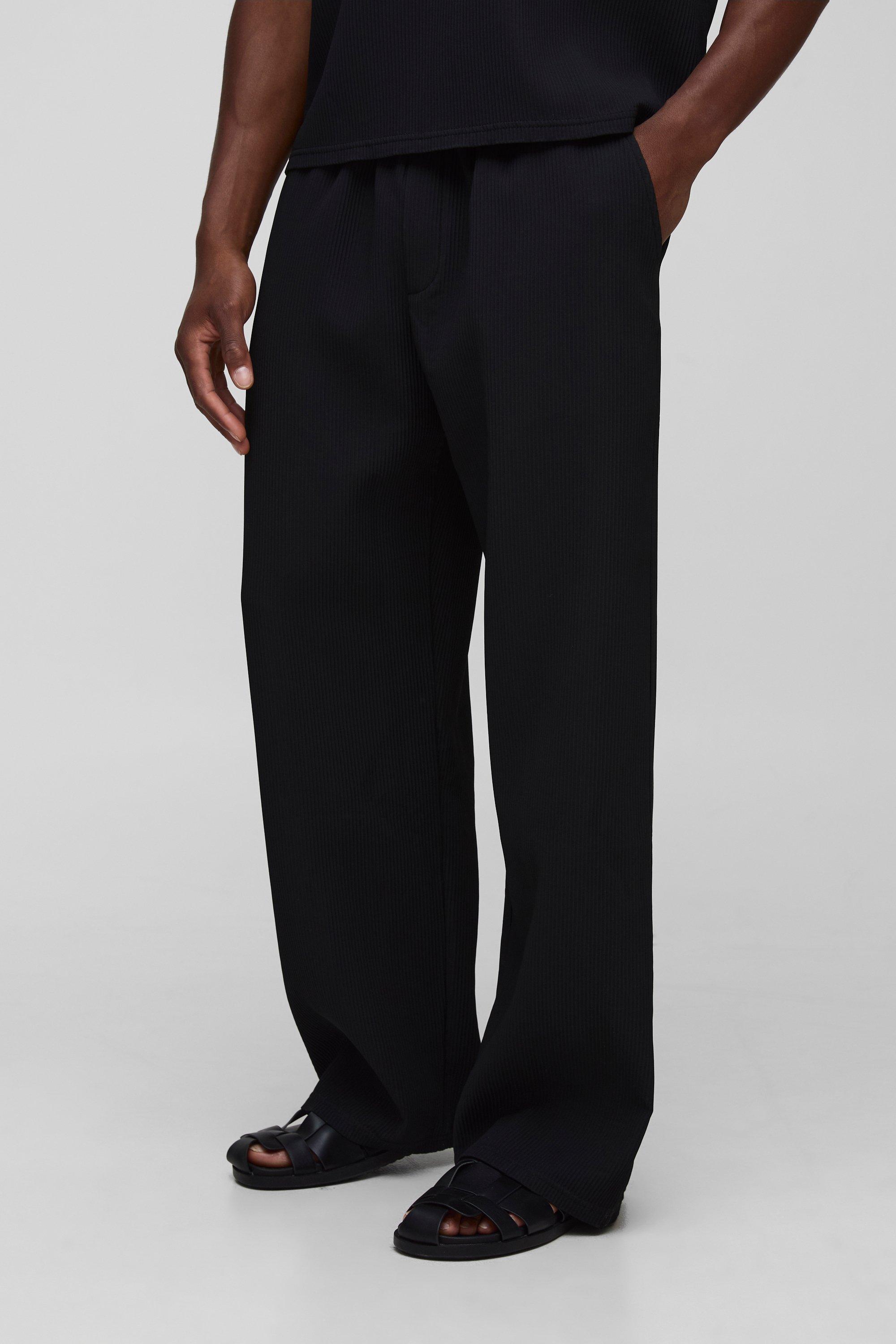 Mens Black Elasticated Wide Leg Pleated Trousers, Black