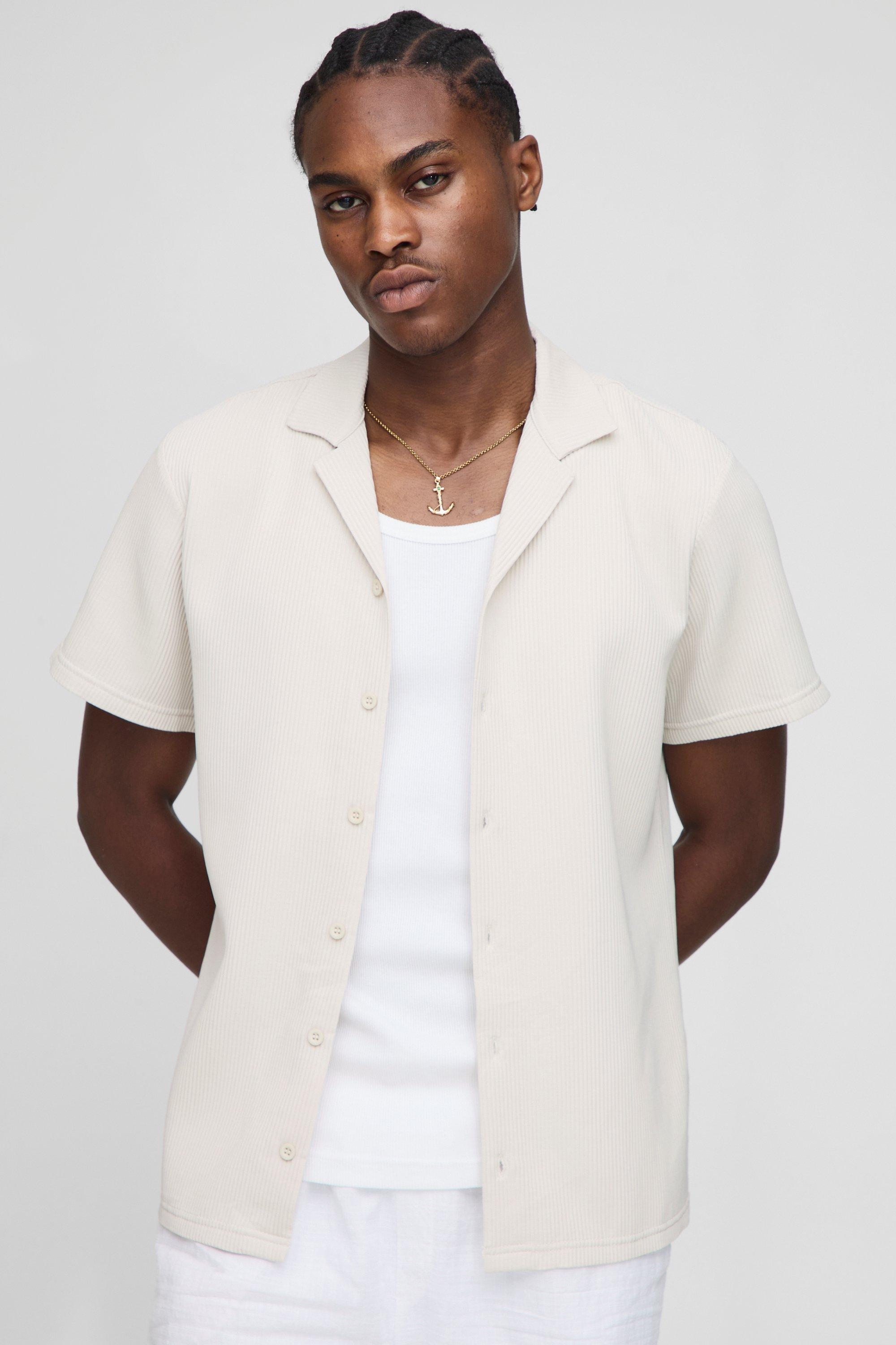Mens Beige Slim Fit Revere Pleated Shirt, Beige