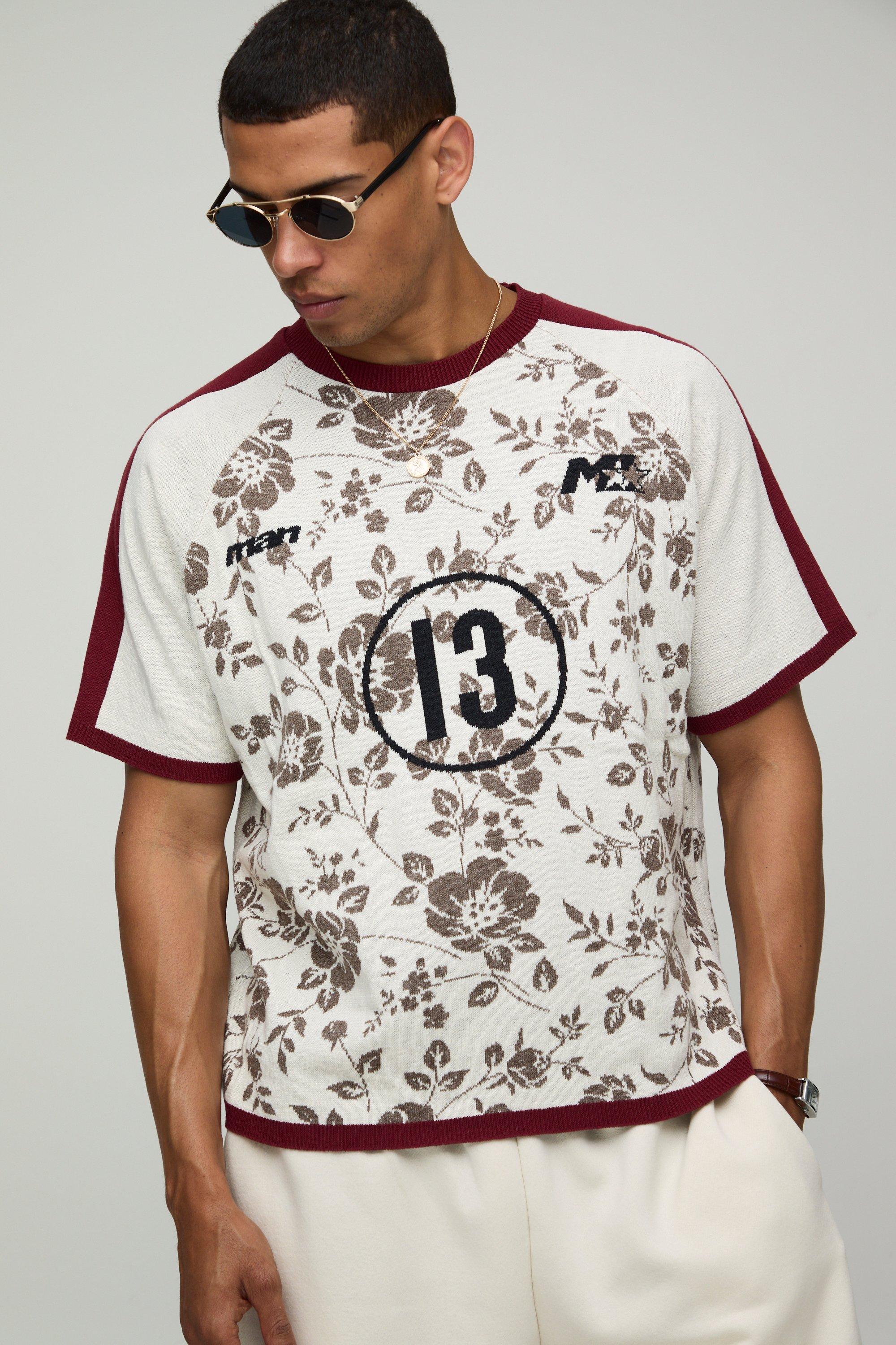 Image of T-shirt squadrata oversize in maglia in jacquard stile Varsity a fiori, Bianco