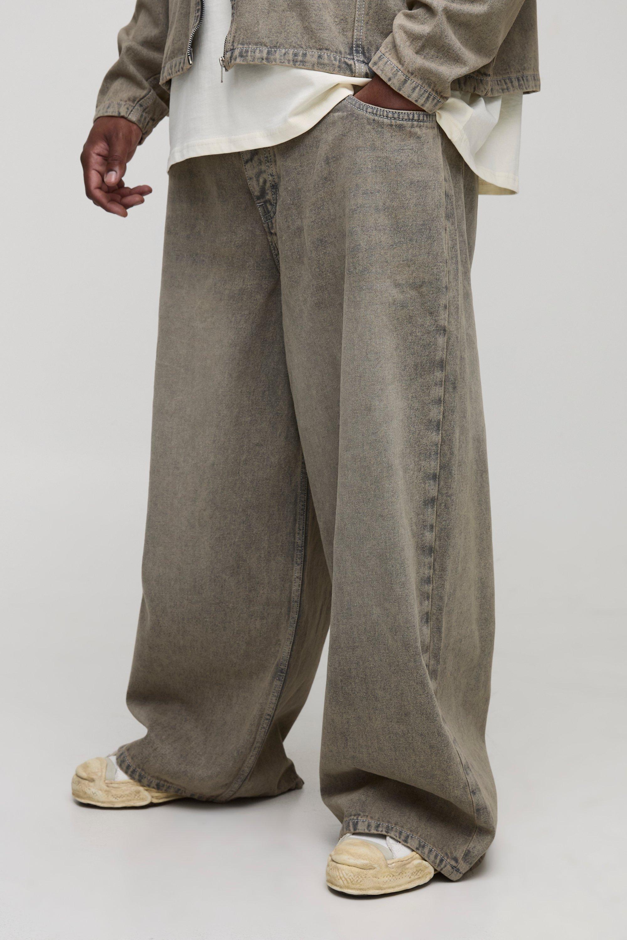 Mens Beige Plus Baggy Fit Overdyed Jeans, Beige
