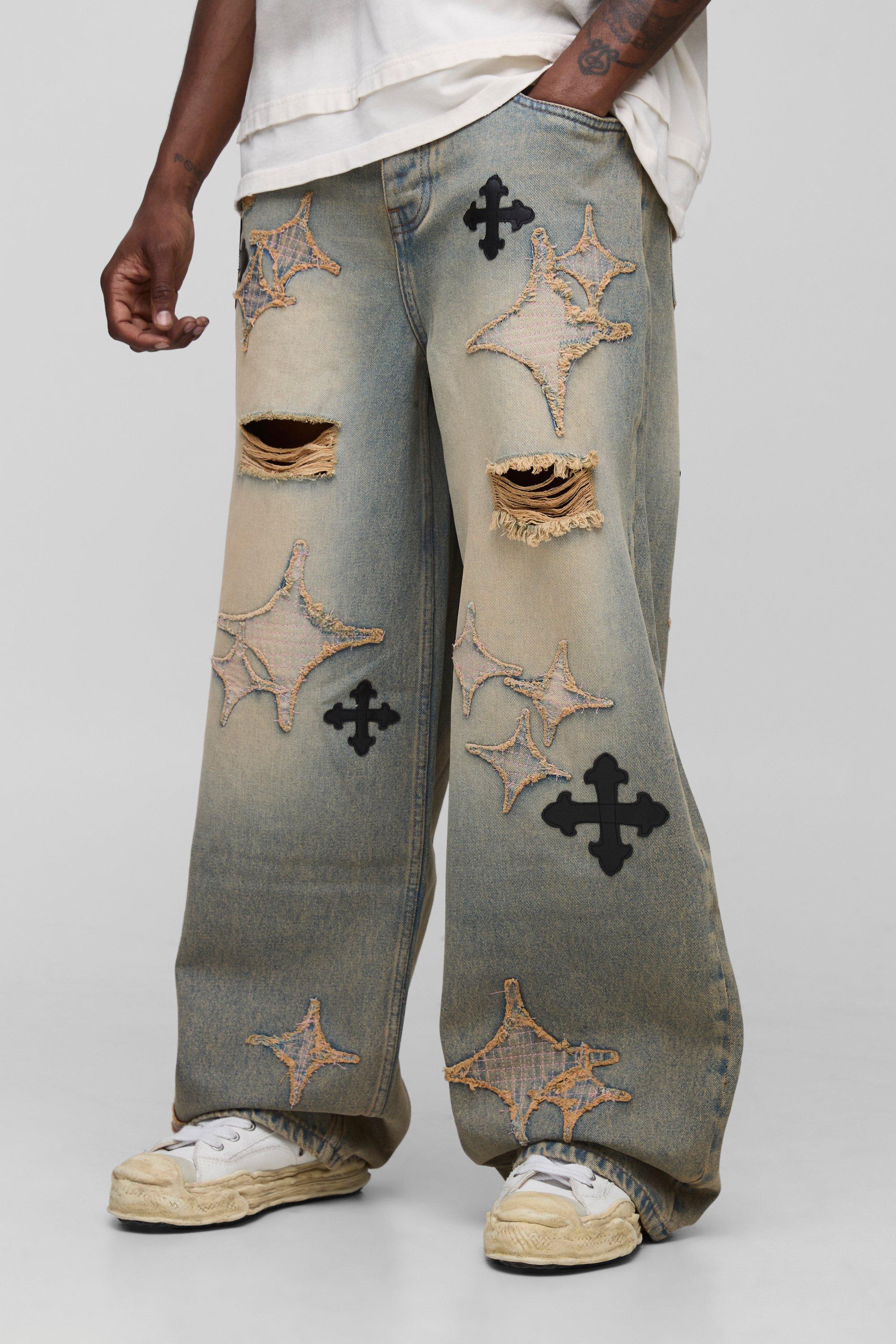 Image of Tall Distressed Applique Tinted Baggy Fit Jeans, Azzurro