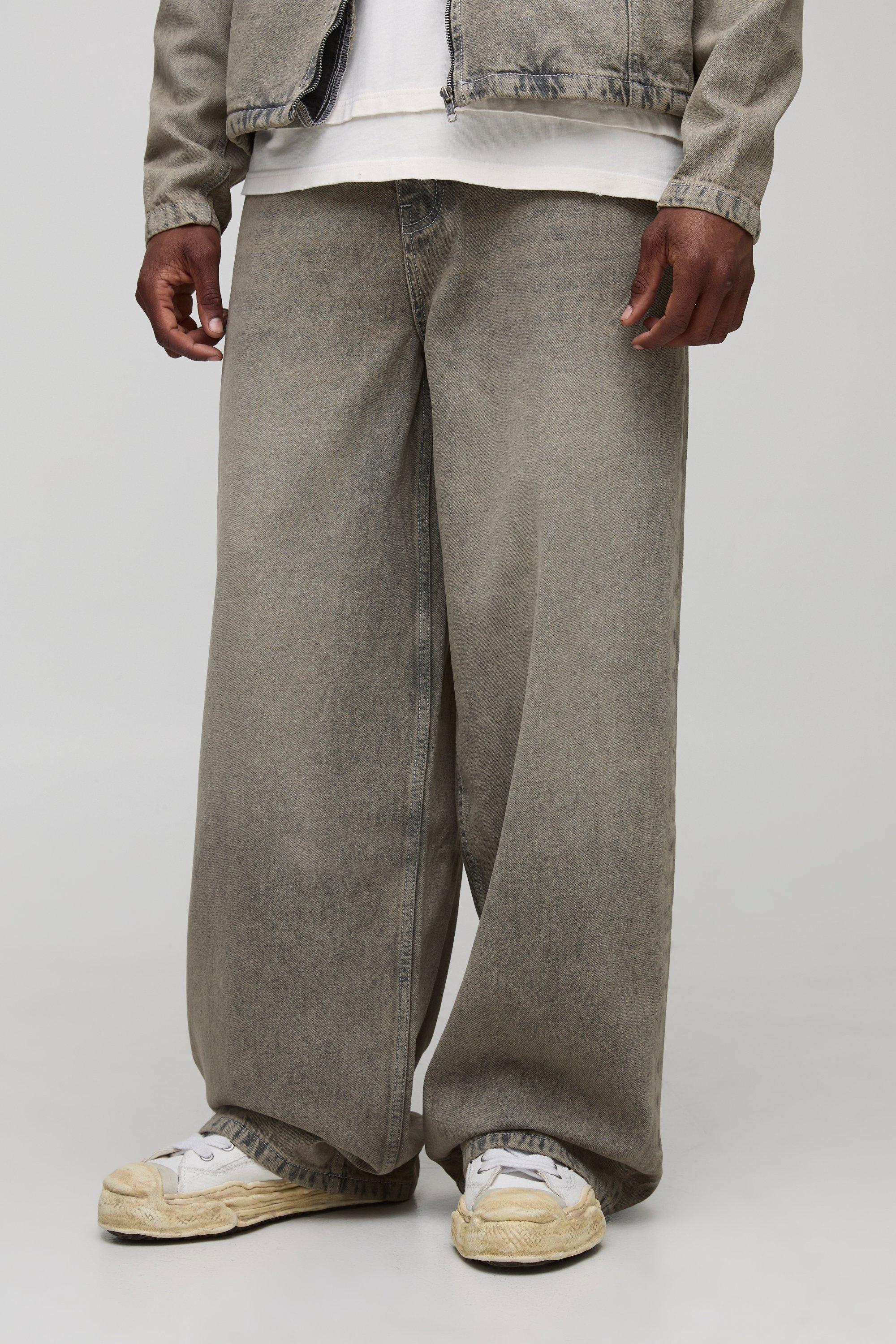 Mens Beige Tall Baggy Fit Overdyed Jeans, Beige
