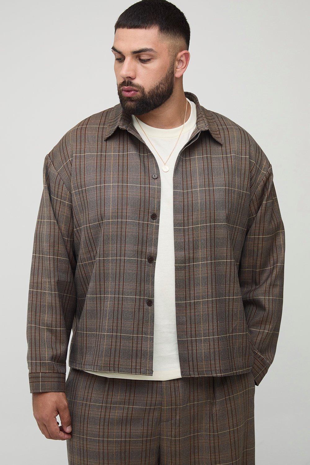 Image of Plus Oversized Heritage Check Overshirt, Brown