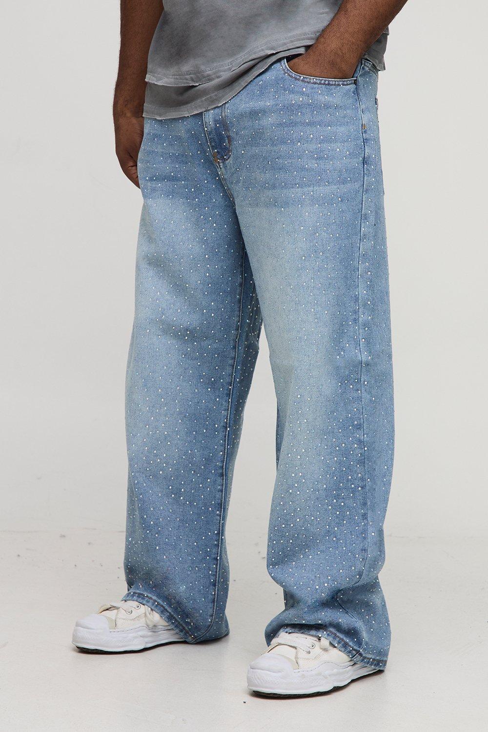 Image of Plus All Over Rhinestone Relaxed Fit Jeans, Grigio