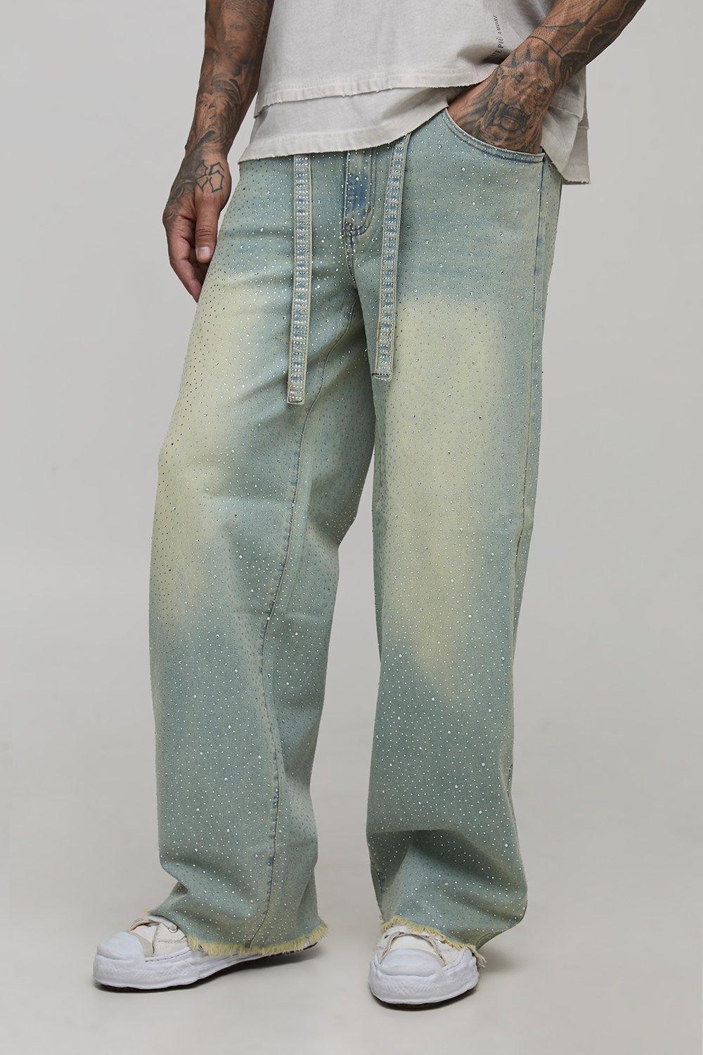 Image of Tall Belted All Over Rhinestone Baggy Fit Jeans, Azzurro