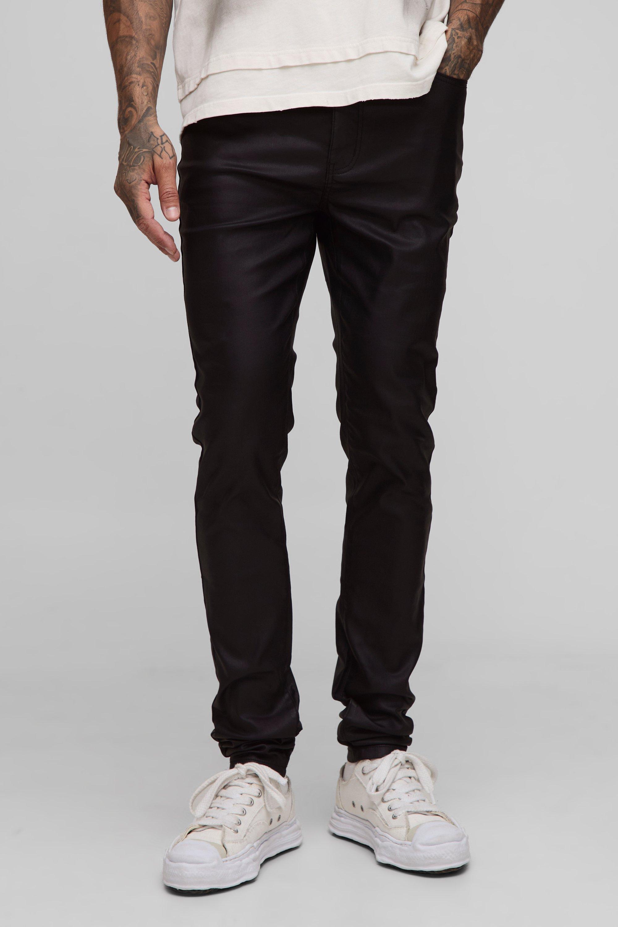 Mens Black Tall Coated Stacked Skinny Jeans, Black