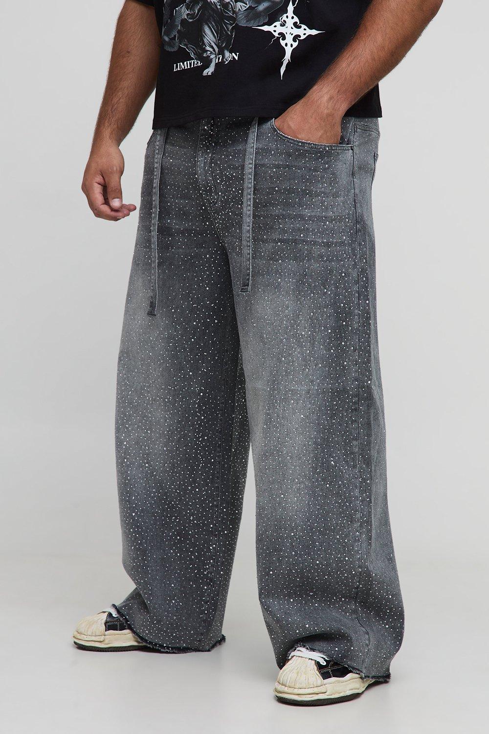 Image of Plus Belted All Over Rhinestone Baggy Fit Jeans, Grigio