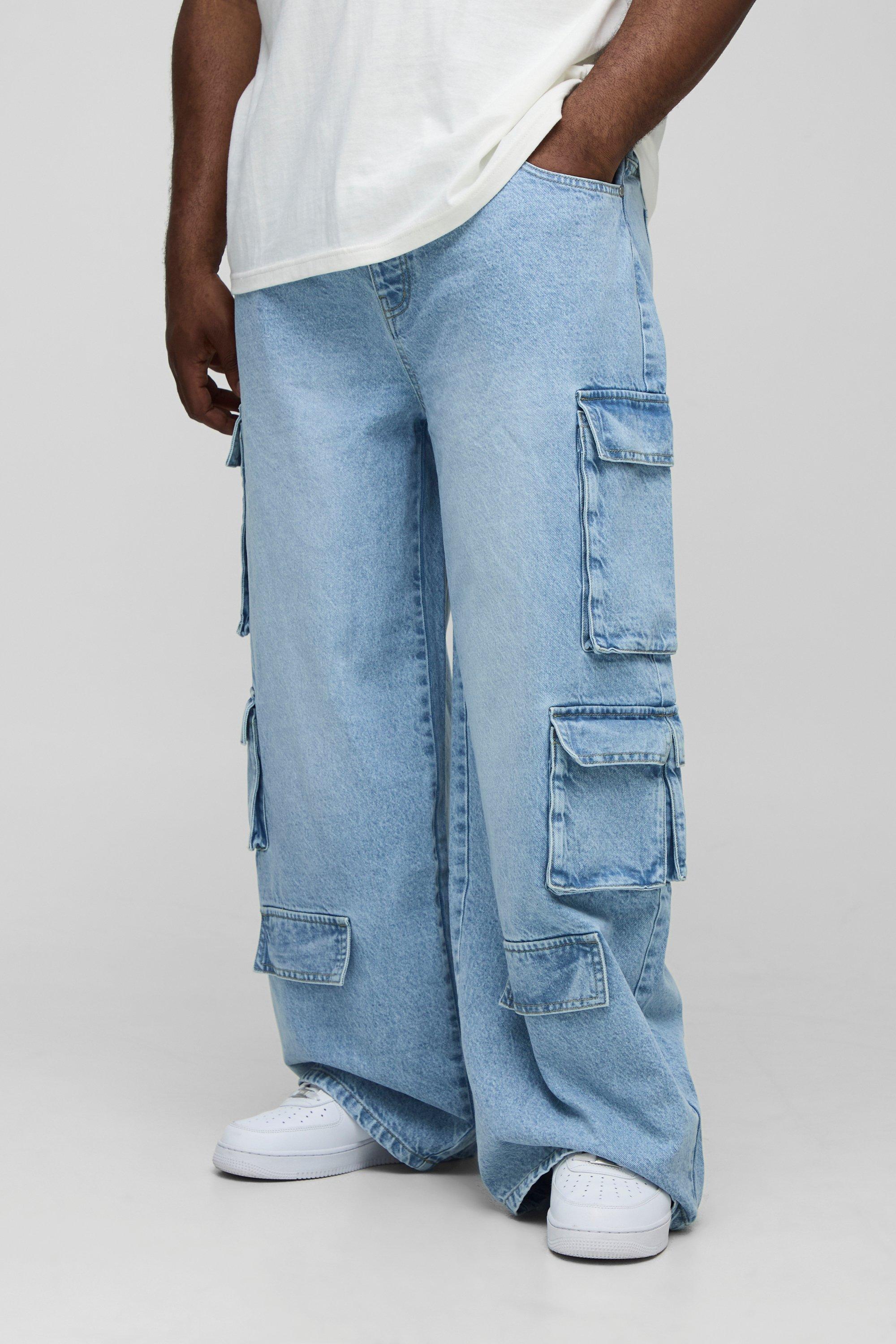 Mens Grey Plus Relaxed Fit Acid Wash Cargo Jeans, Grey