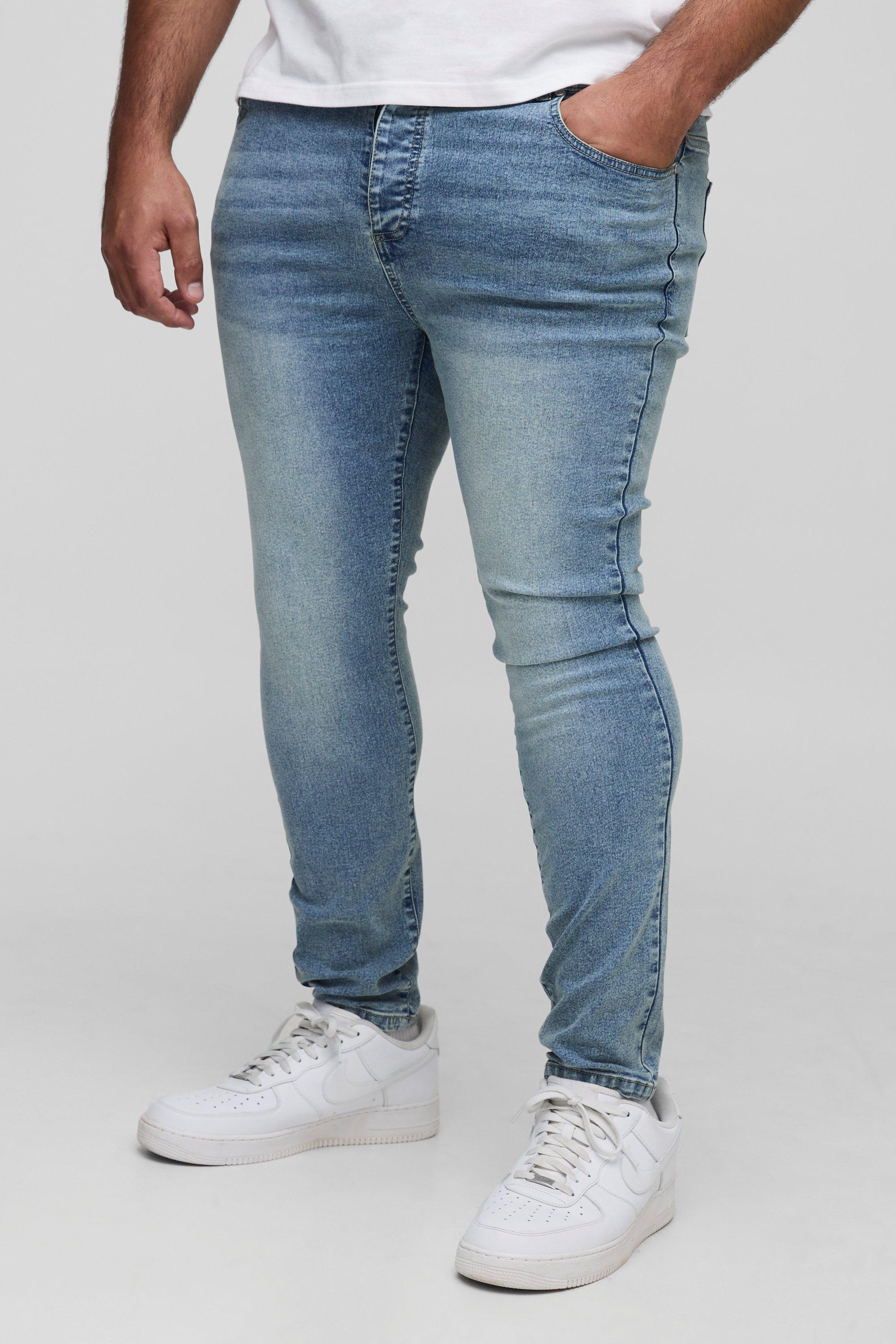 Mens Blue Plus Super Skinny Stretch Extreme Washed Jeans, Blue