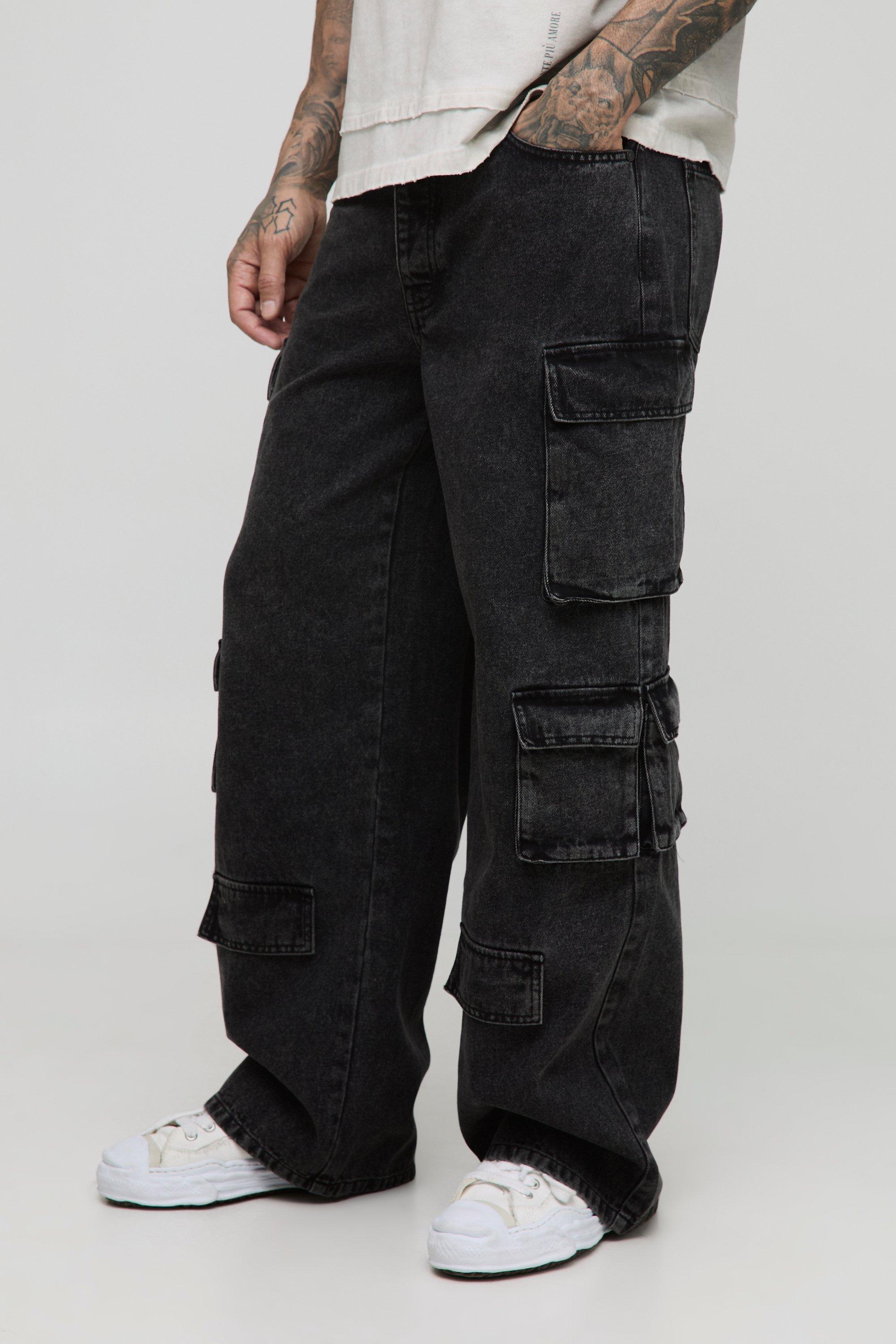 Boohoo Tall Relaxed Fit Acid Wash Cargo Jeans, Charcoal