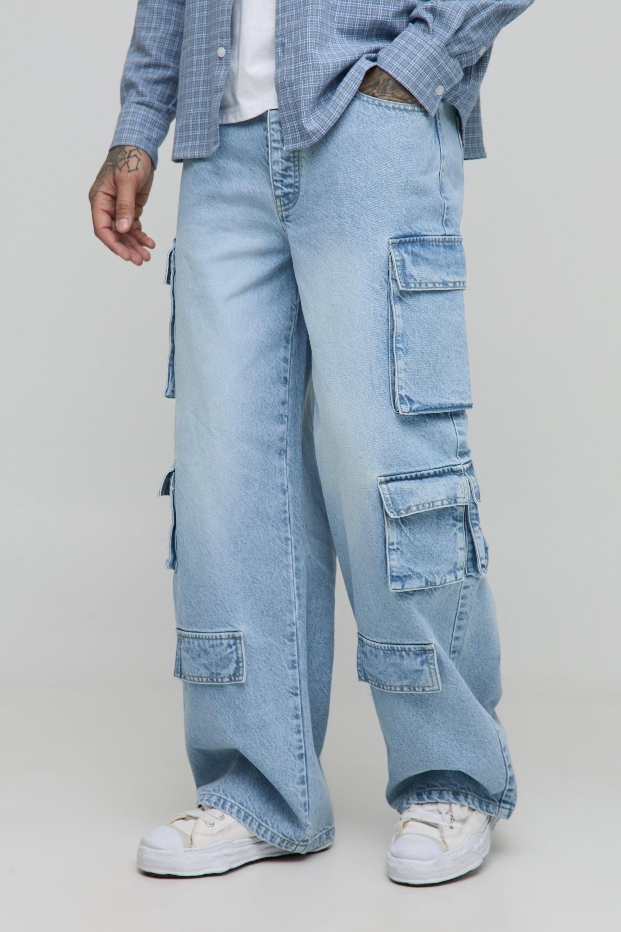 Boohoo Tall Relaxed Fit Acid Wash Cargo Jeans, Light Wash