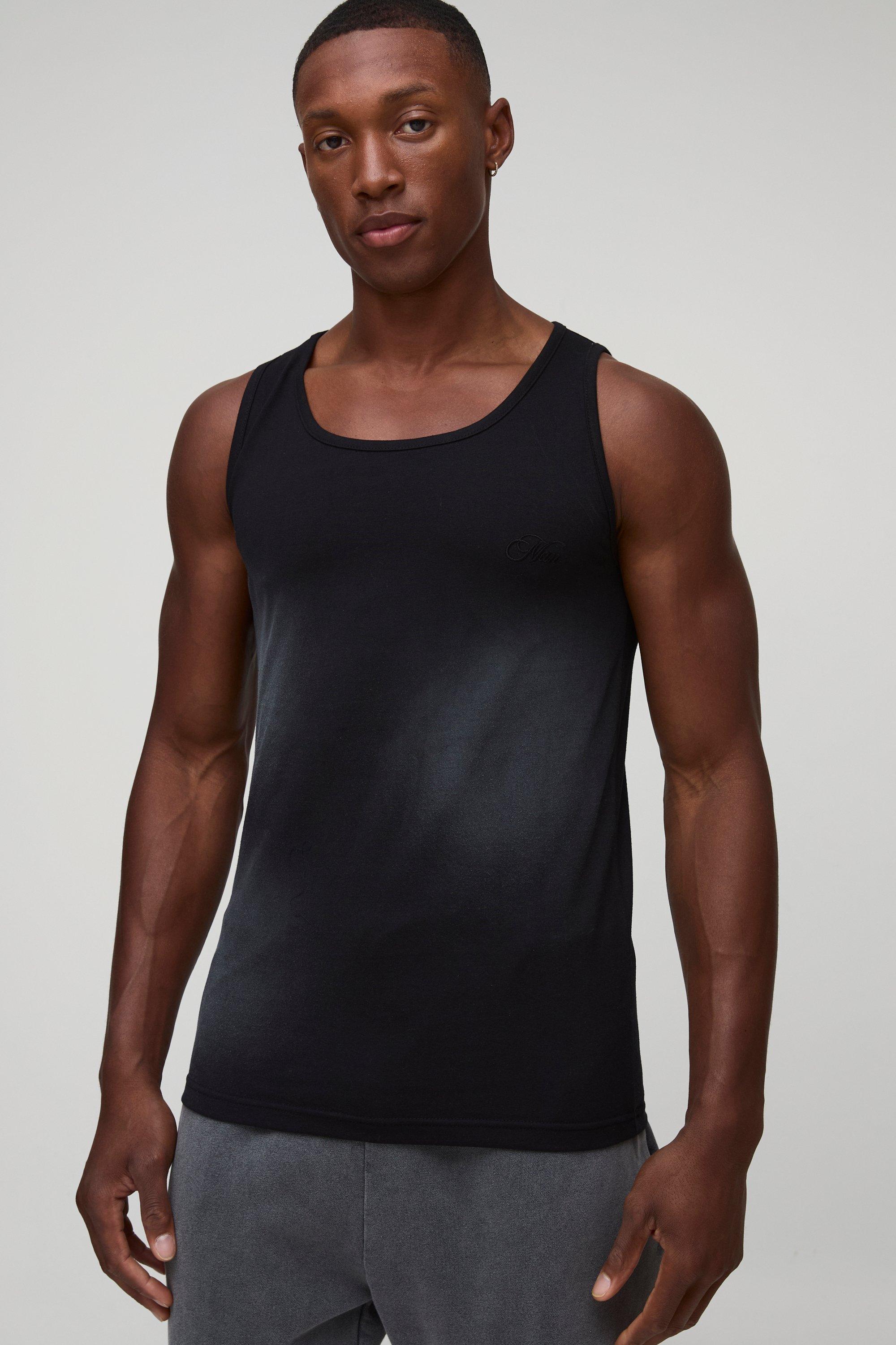 Mens Black Muscle Fit Washed Man Autograph Vest, Black