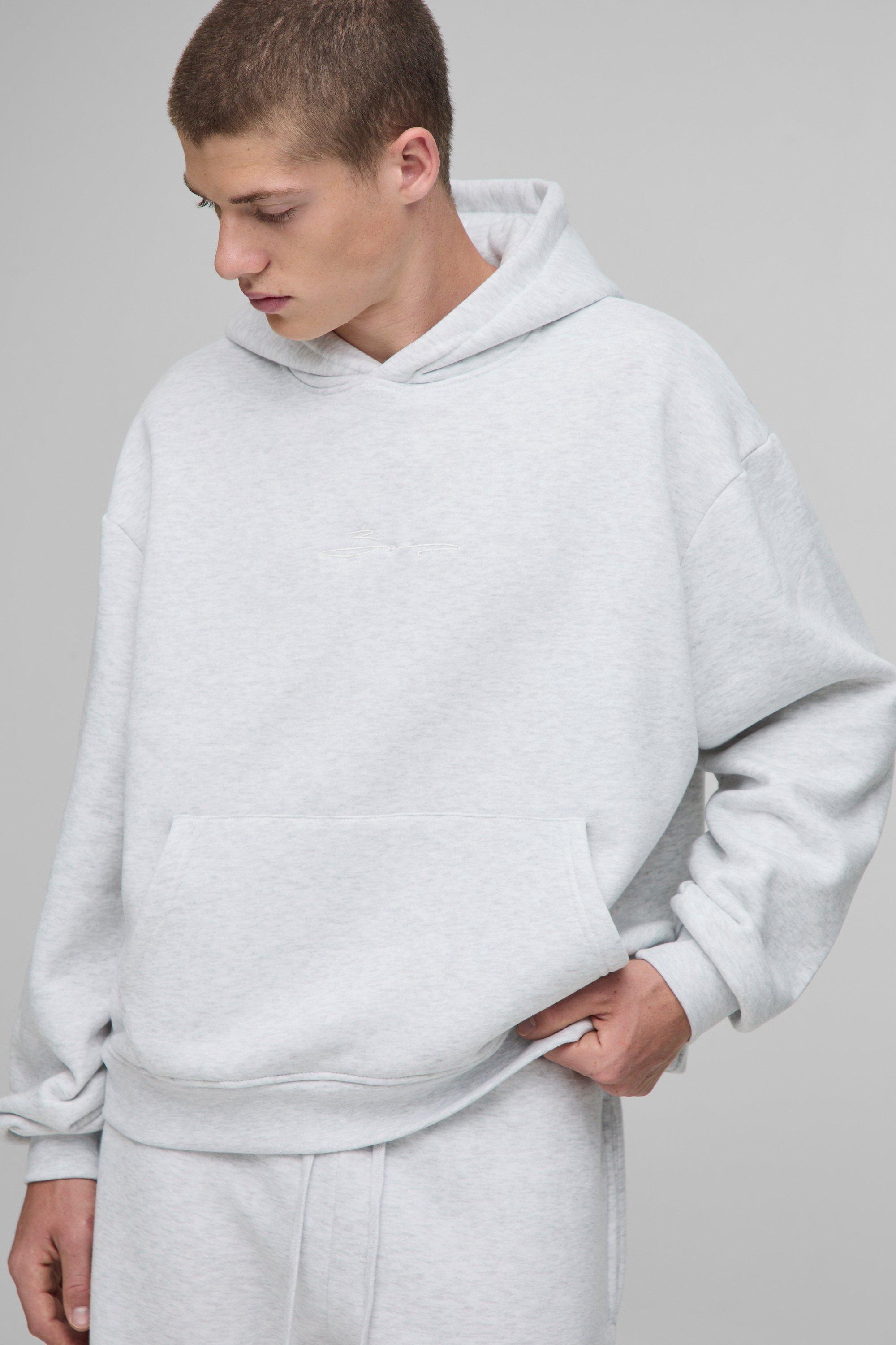 Mens Grey Basic BM Signature Oversized Boxy Hoodie, Grey