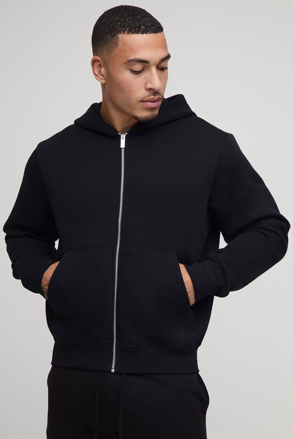 Mens Black Basic Boxy Zip Through Hoodie, Black