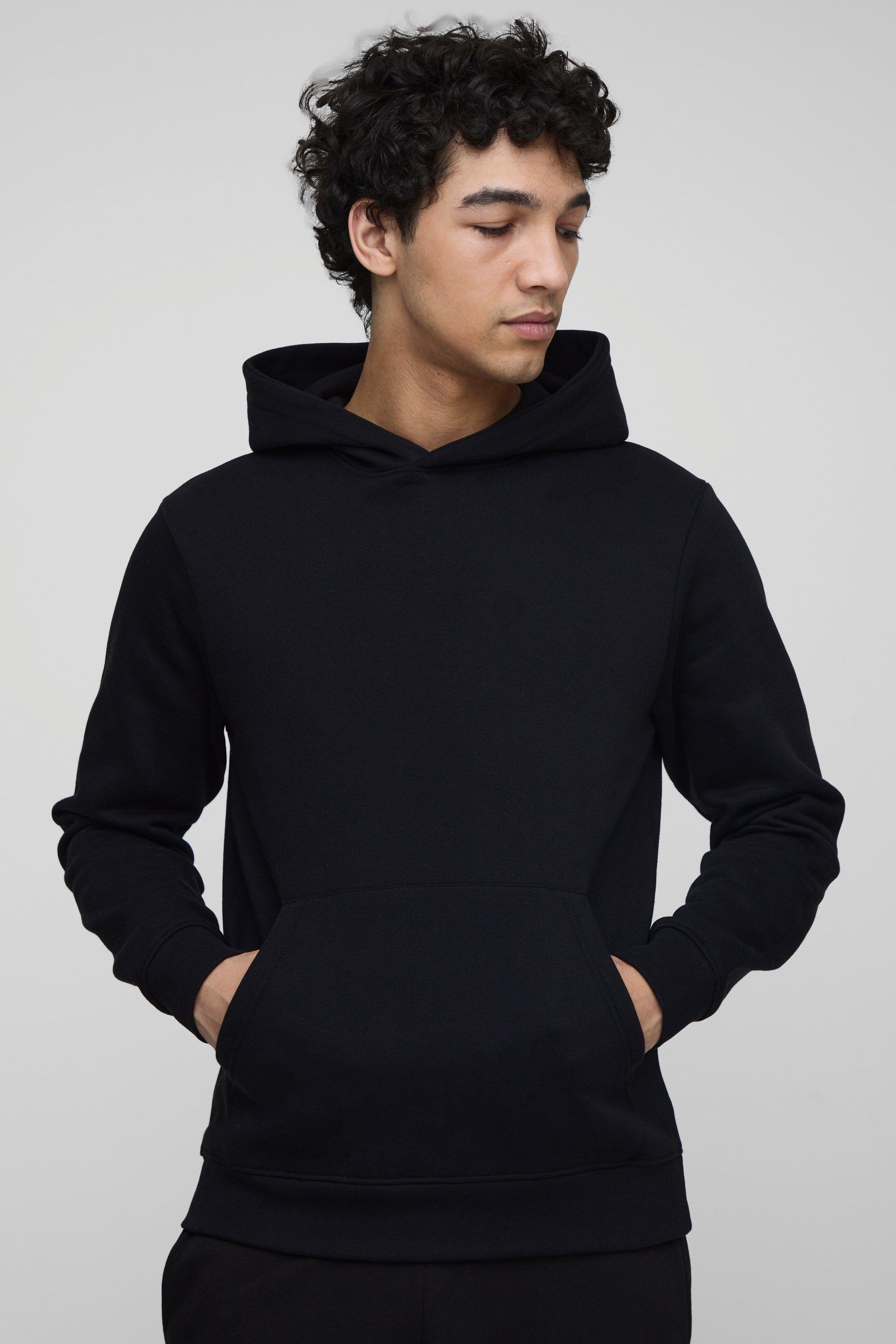 Mens Black Basic Slim Over the Head Hoodie, Black