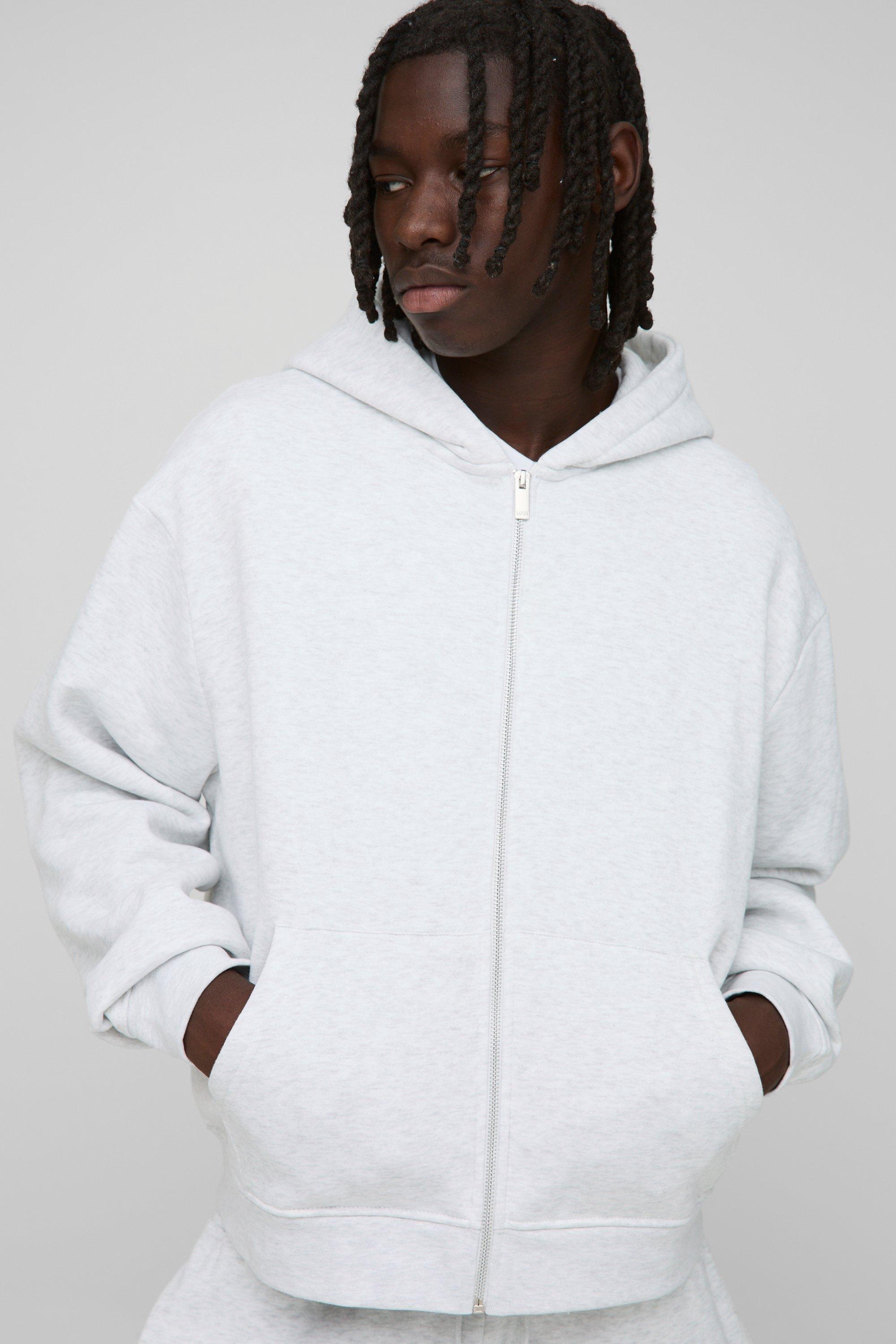 Mens Grey Basic Oversized Boxy Zip Through Hoodie, Grey