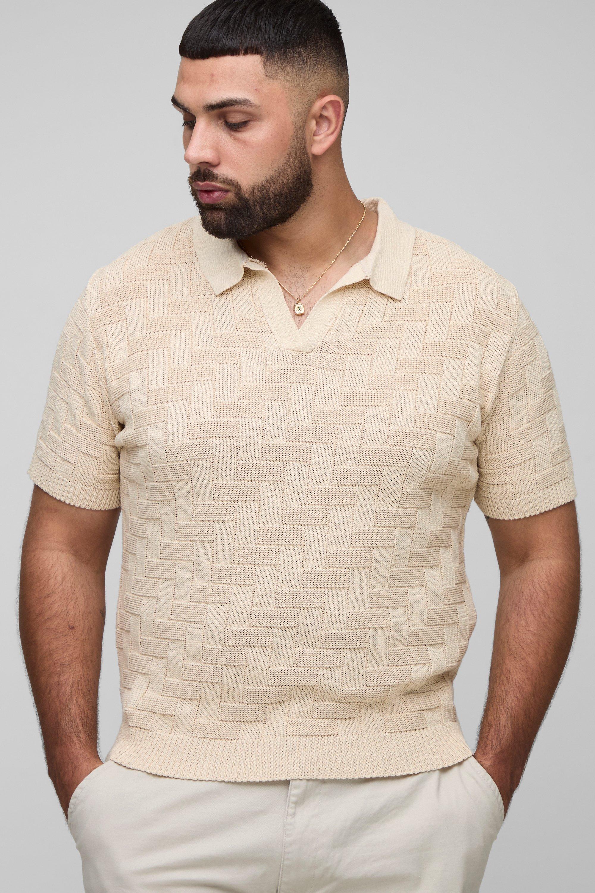 Image of Polo Plus Size squadrata oversize all'uncinetto con tratteggio incrociato, Beige
