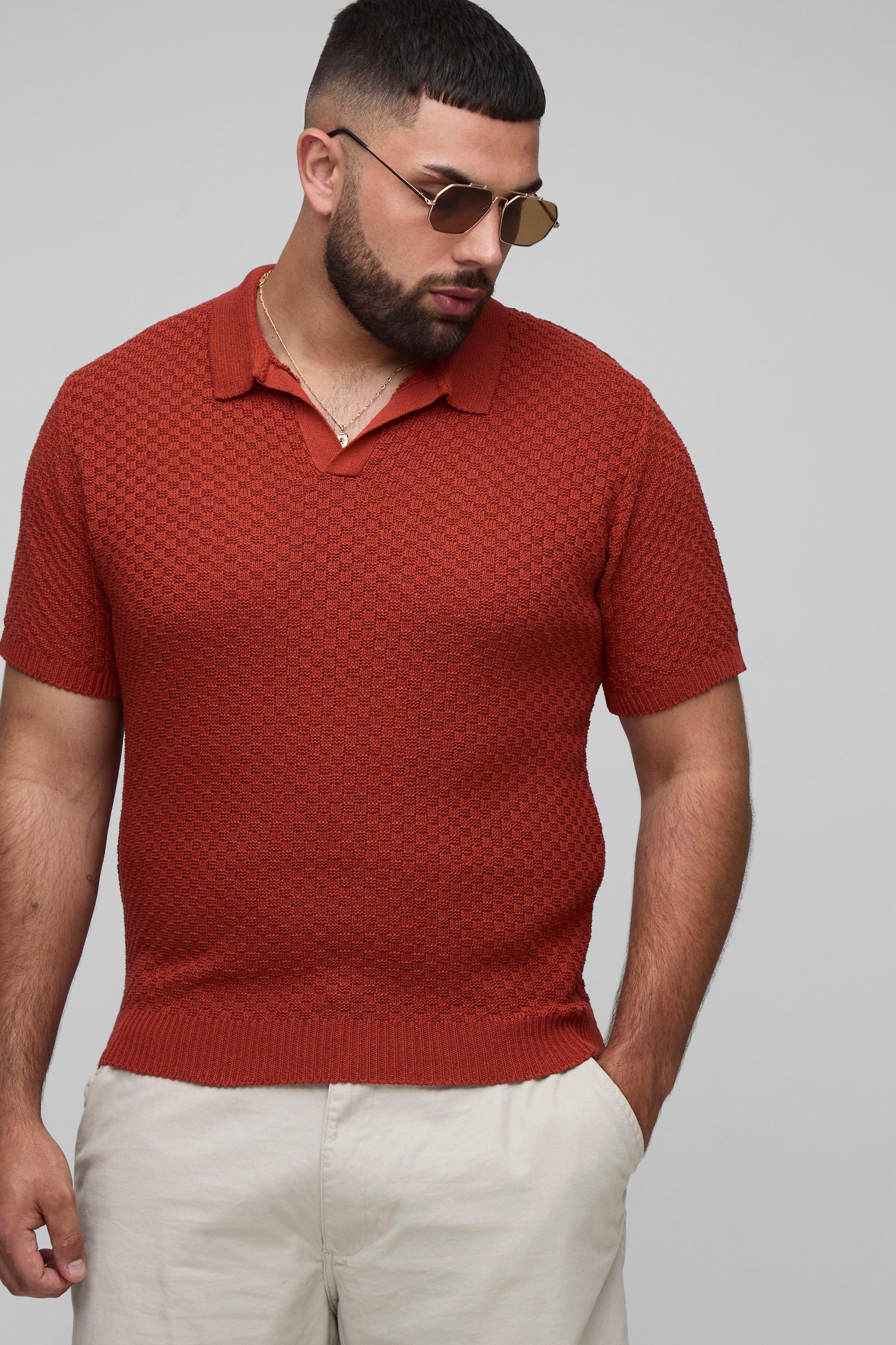 Image of Camicia Plus Size squadrata oversize all'uncinetto con polo a quadri piccoli, Arancio
