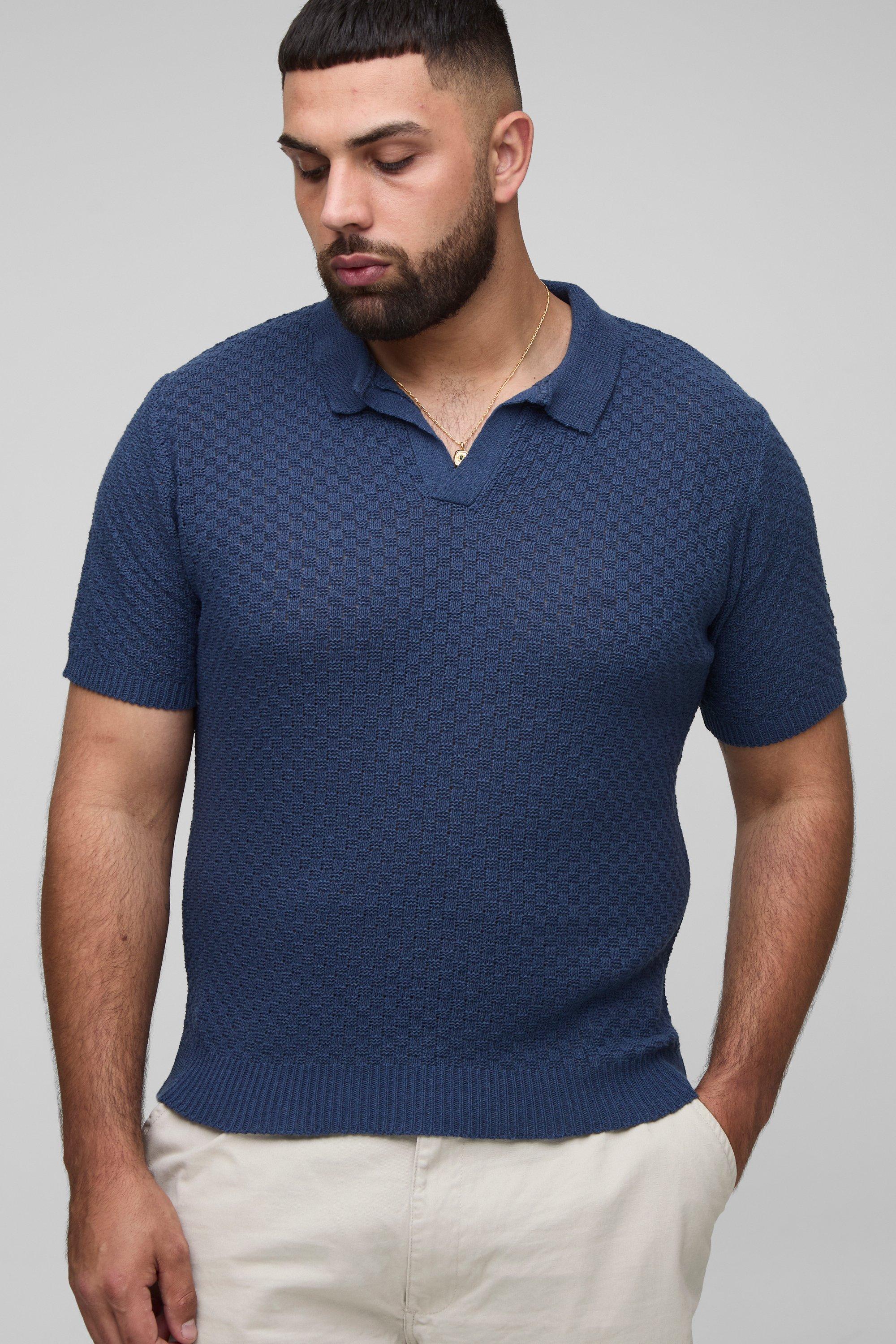 Image of Camicia Plus Size squadrata oversize all'uncinetto con polo a quadri piccoli, Navy