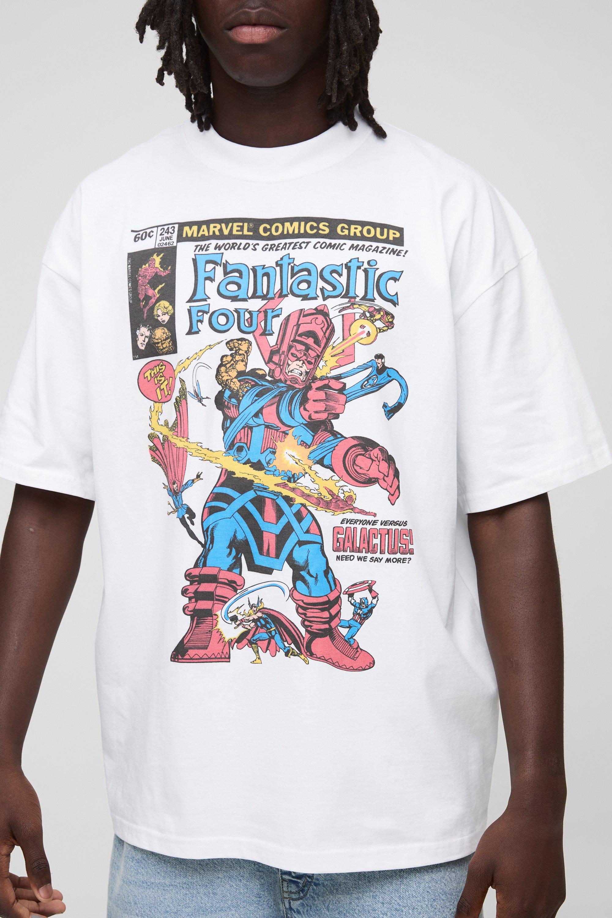 Mens White Oversized Extended Neck Marvel Fantastic Four License T-Shirt, White