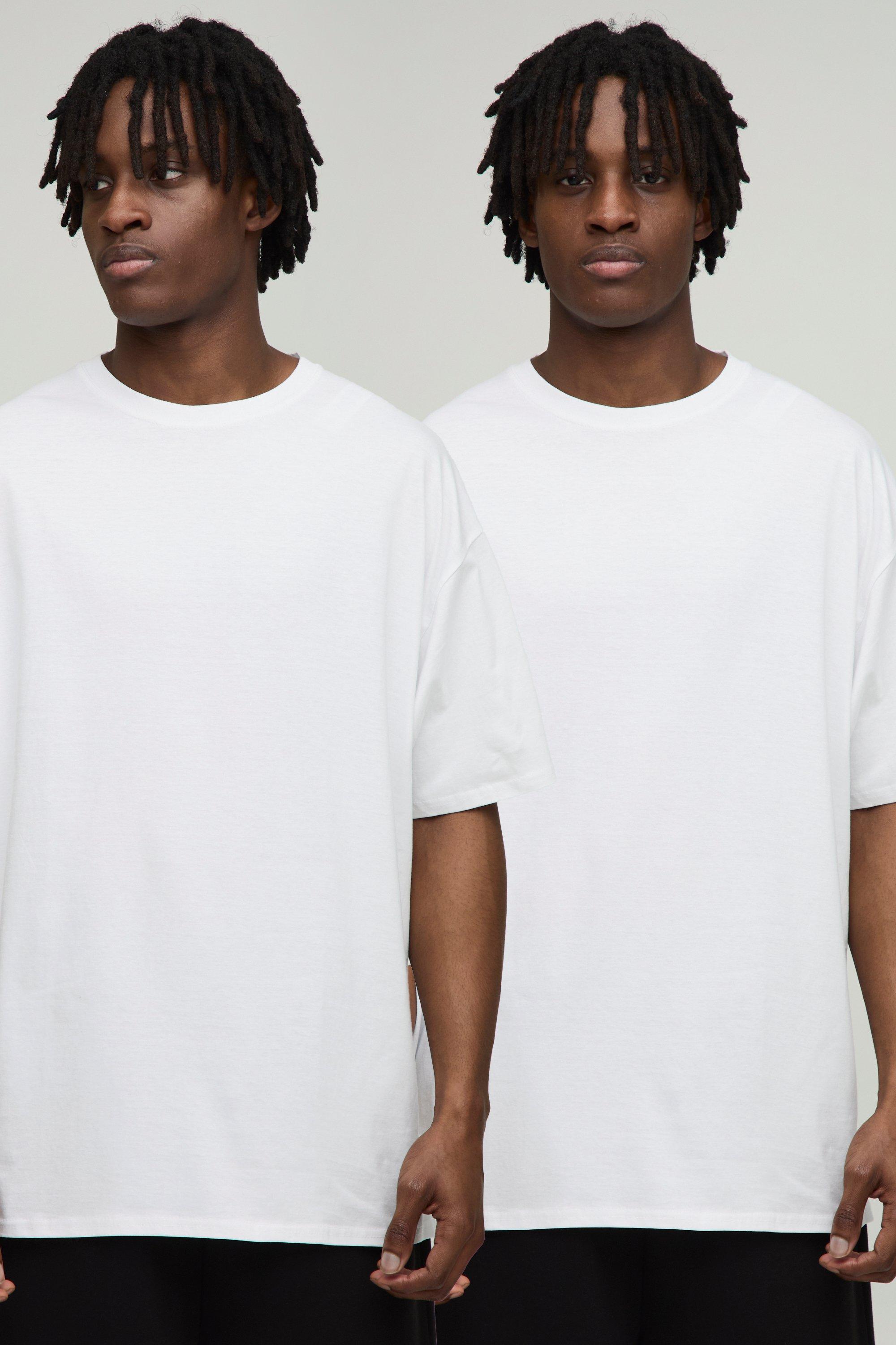 Mens White 2 Pack Basic Oversized Crew Neck T-Shirts, White
