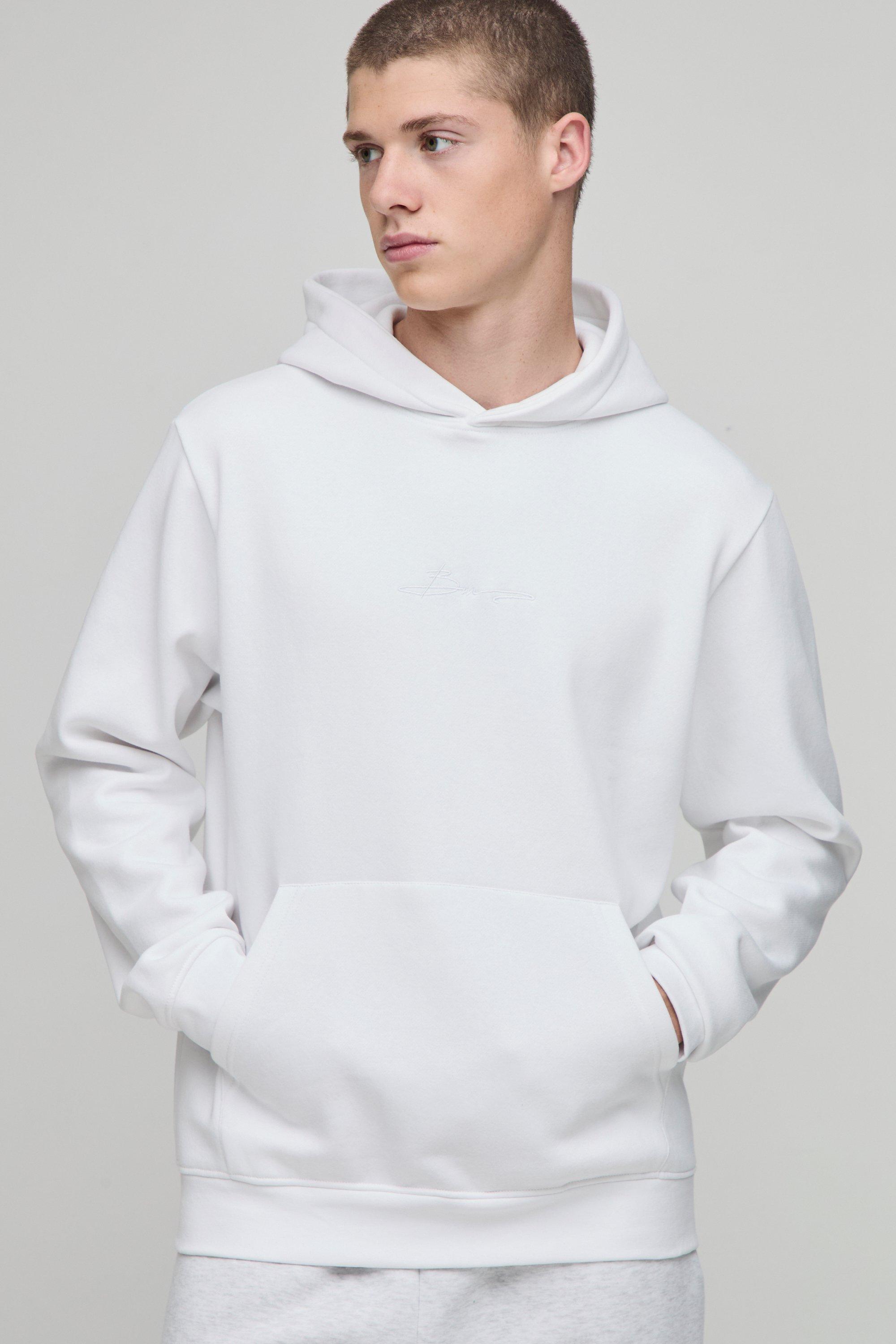 Mens White Basic BM Signature Regular Fit Over the Head Hoodie, White