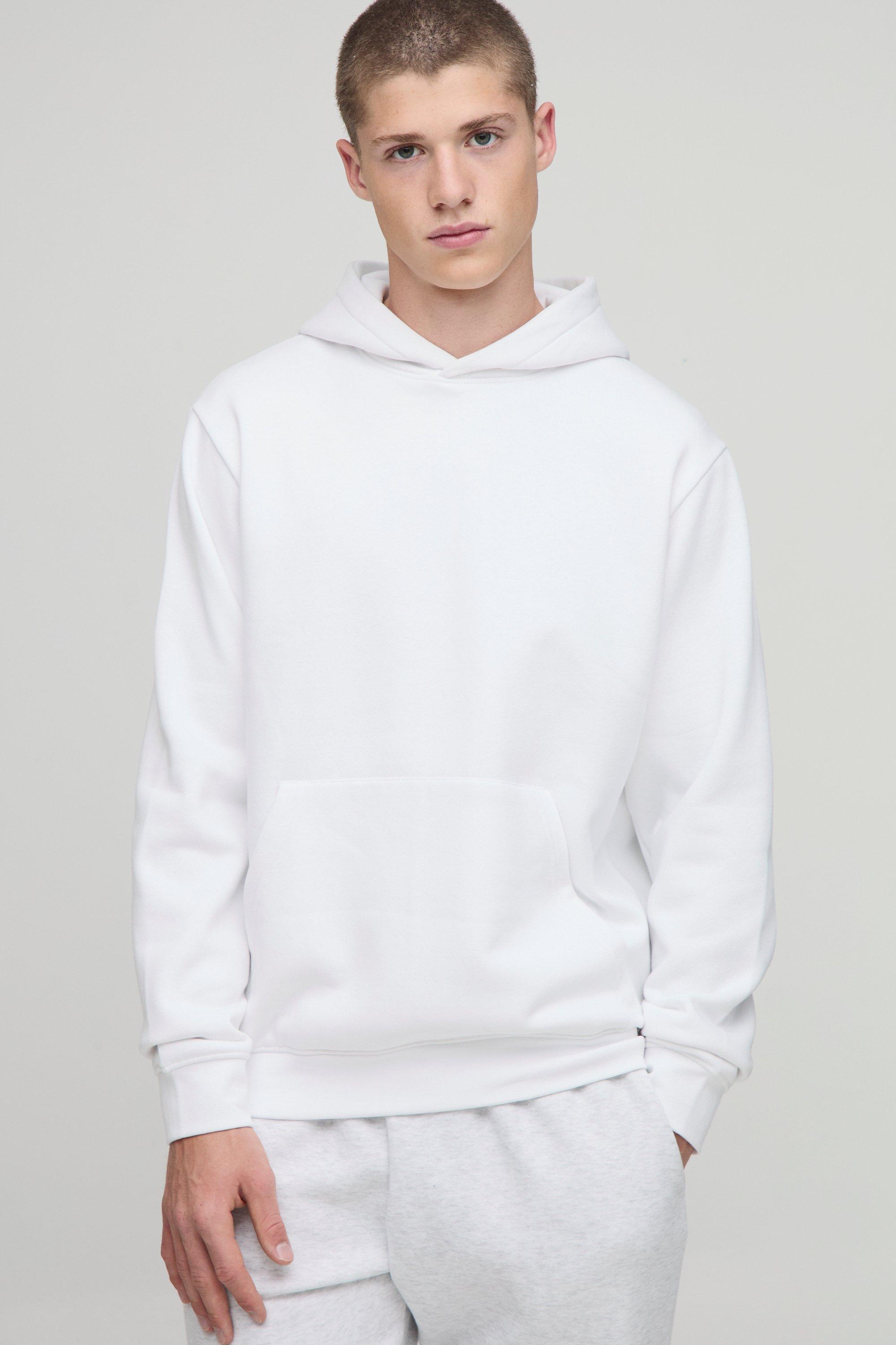 Mens White Basic Regular Fit Over the Head Hoodie, White