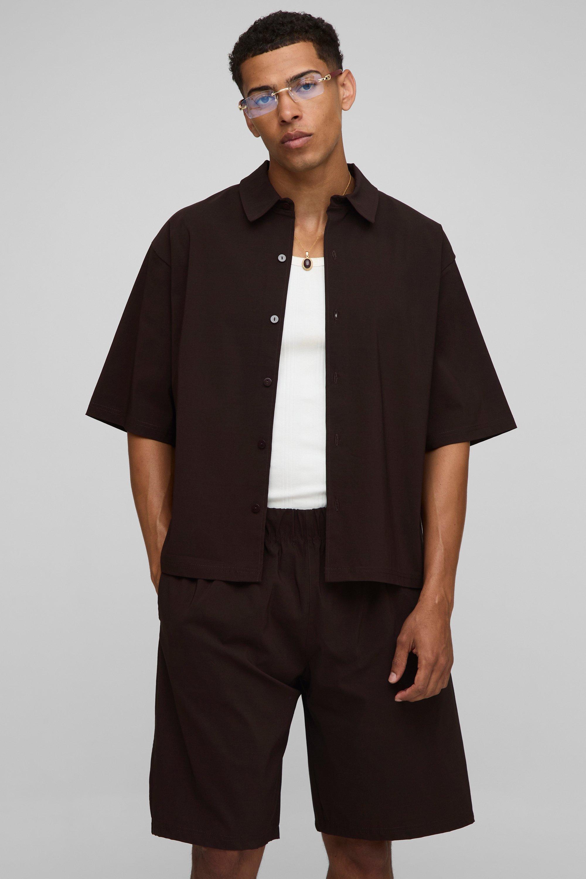 Mens Brown Oversized Half Sleeve Tech Stretch Shirt & Bermuda Short Set, Brown